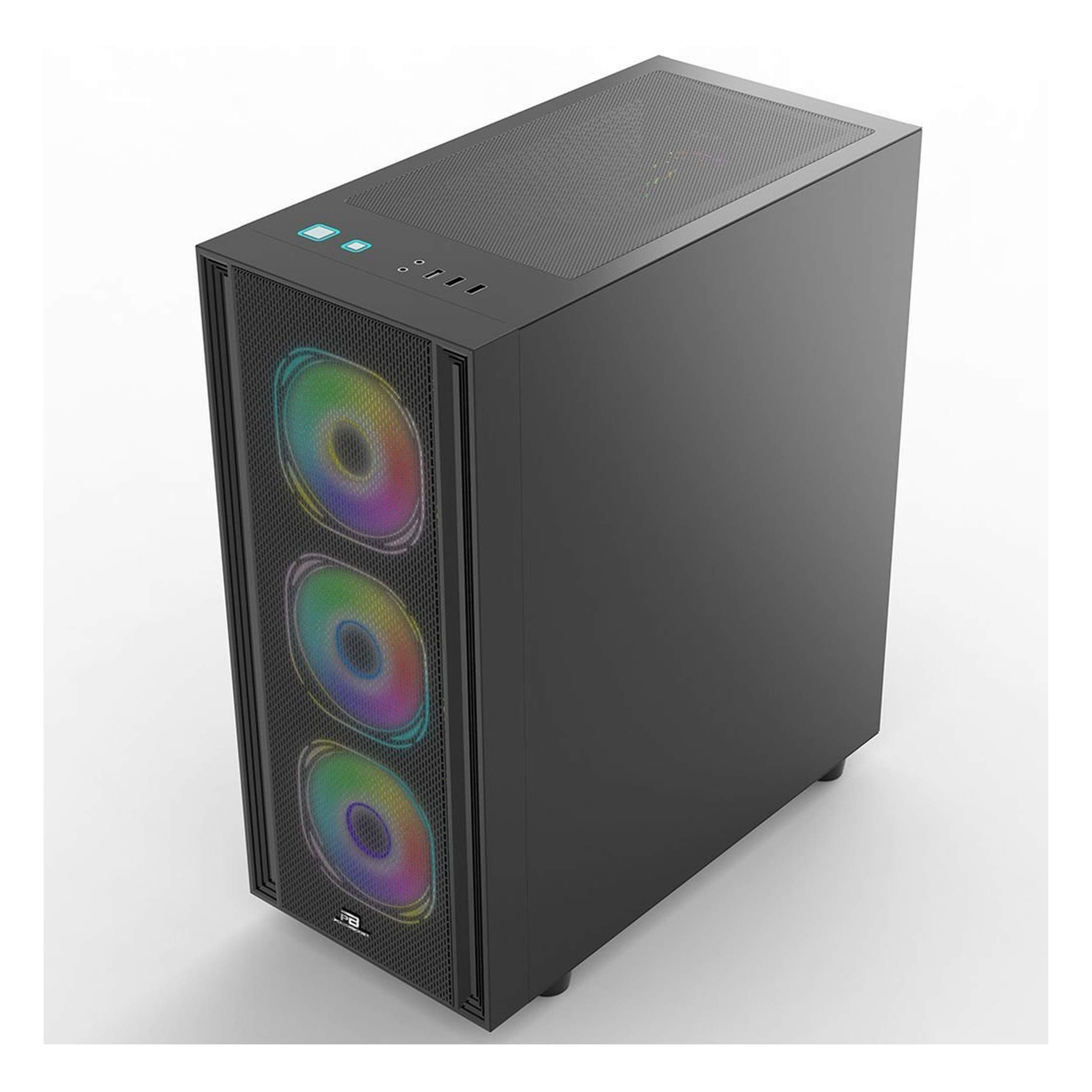 Önü fileli, üç RGB fanlı ve üst bağlantı noktalarına sahip siyah PC kasası.