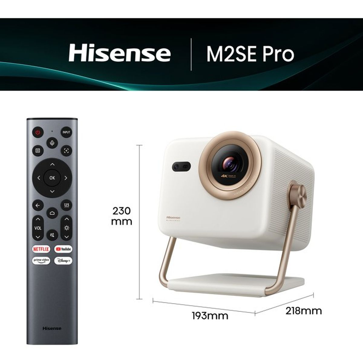 Hisense M2SE Pro Beamer und Fernbedienung mit Maßen von 230 mm Höhe, 193 mm Breite und 218 mm Tiefe.