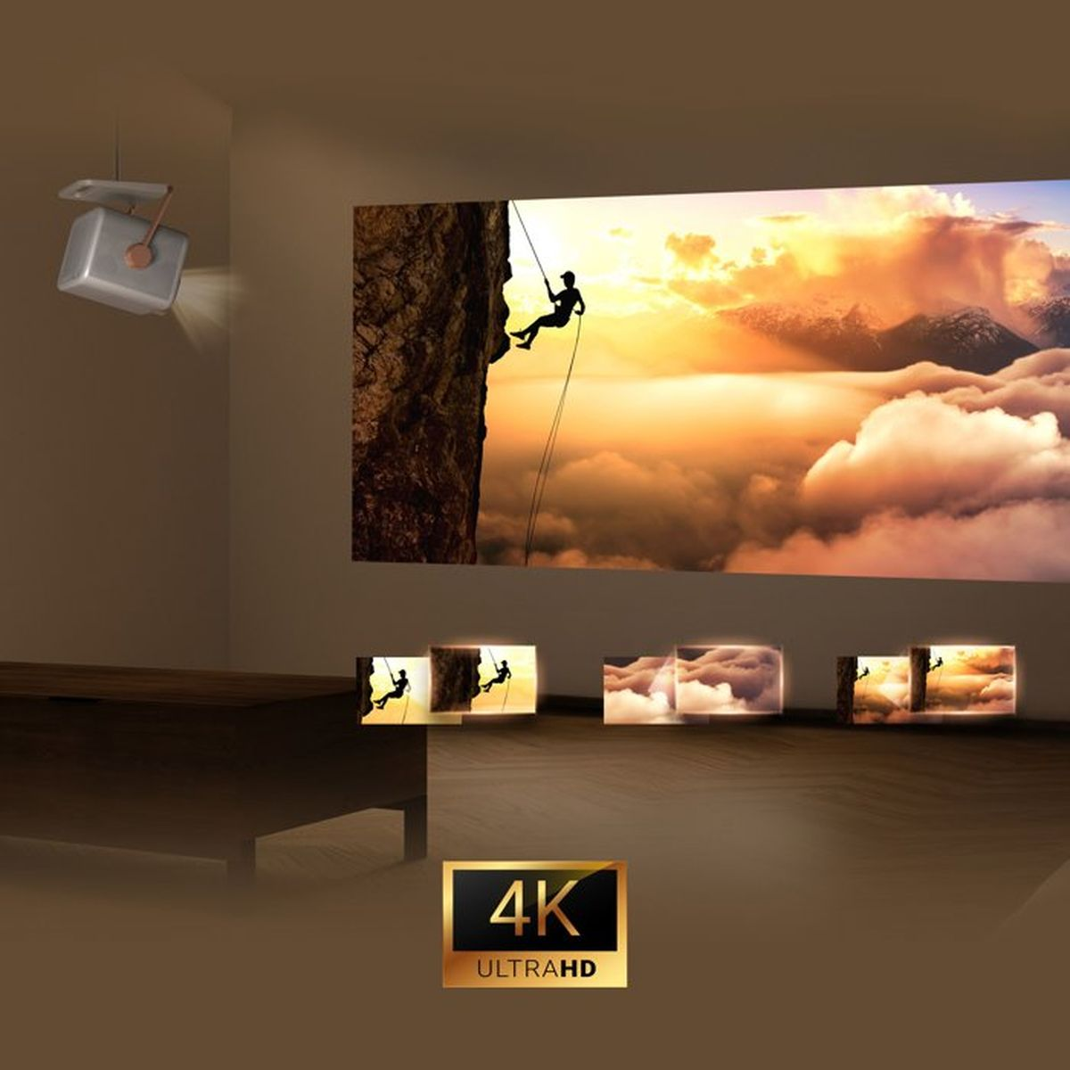 Ein Projektor an der Decke projiziert ein gestochen scharfes 4K-Ultra-HD-Bild von Bergsteigern an die Wand.