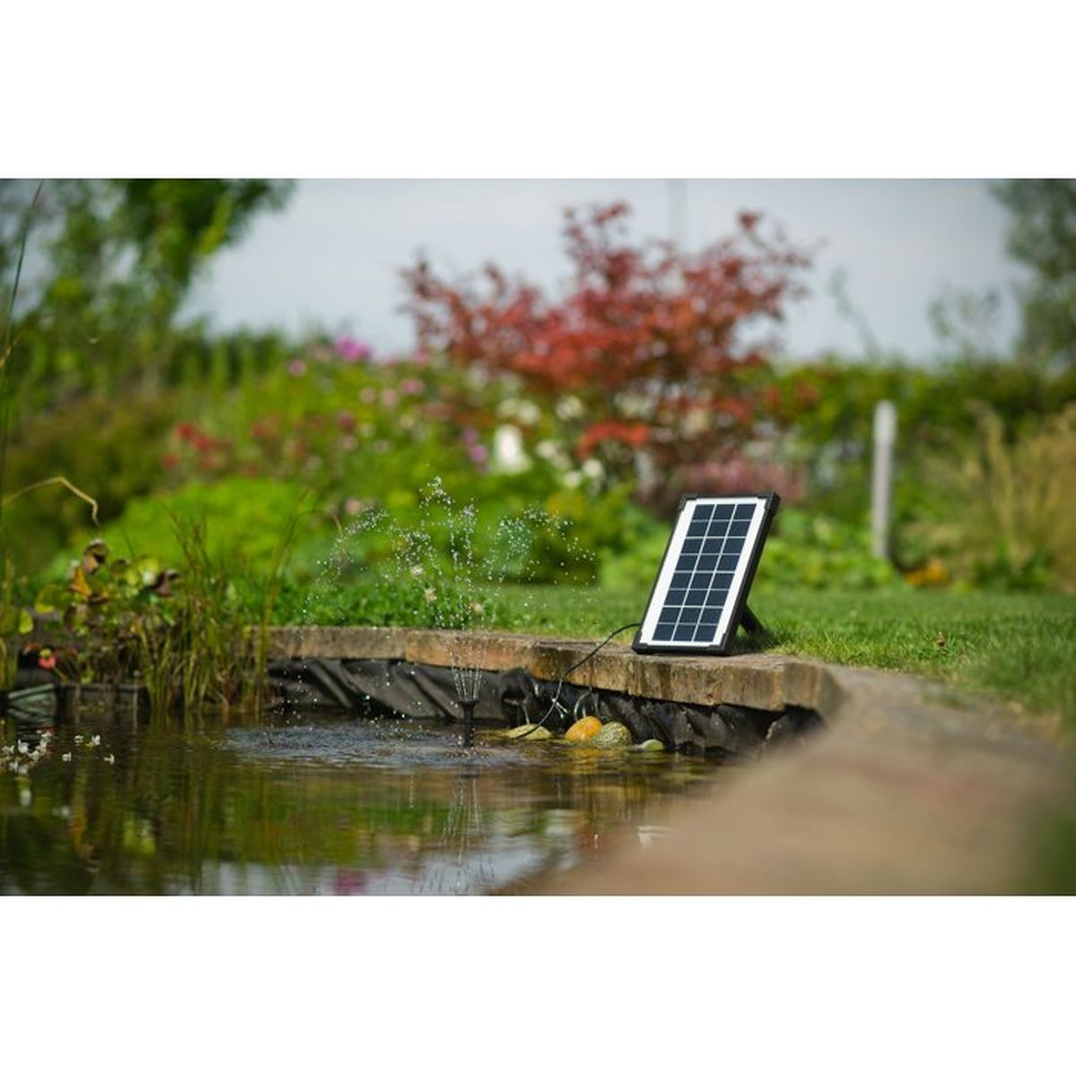Ein kleines Solarpanel steht am Rand eines Gartenteichs mit einer sprudelnden Fontäne im Hintergrund.