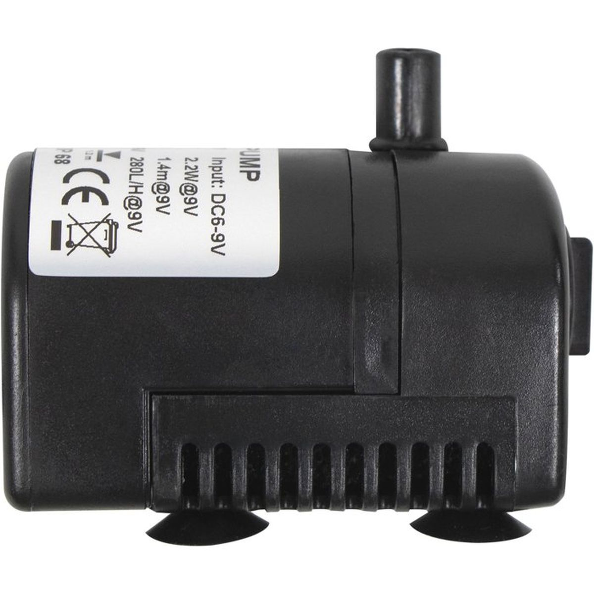 Schwarze kleine Wasserpumpe mit technischem Etikett auf der Seite und Saugnäpfen unten.