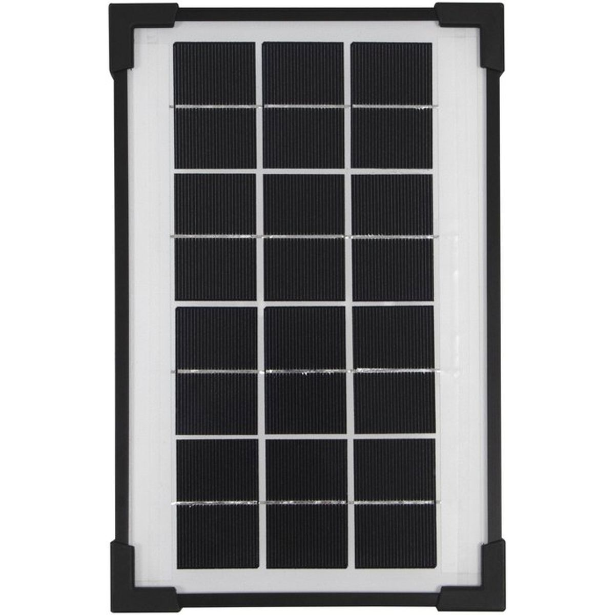 Ein kleines, schwarzes Solarmodul mit einem dicken schwarzen Rahmen und vier Eckschützern auf weißem Hintergrund.