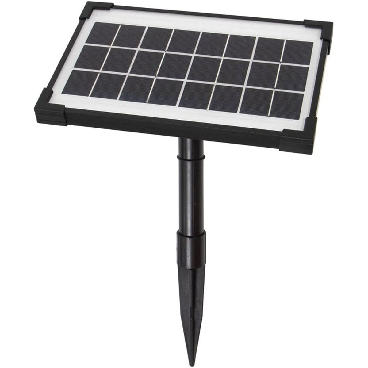 Ein kleines Solarpanel auf einem schwarzen Kunststoff-Erdspieß vor weißem Hintergrund.