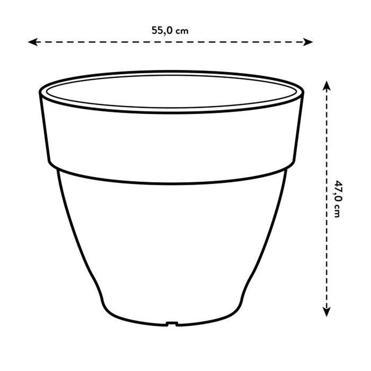 Diagramm eines runden Pflanztopfs mit Maßen: 55 cm Durchmesser und 47 cm Höhe.