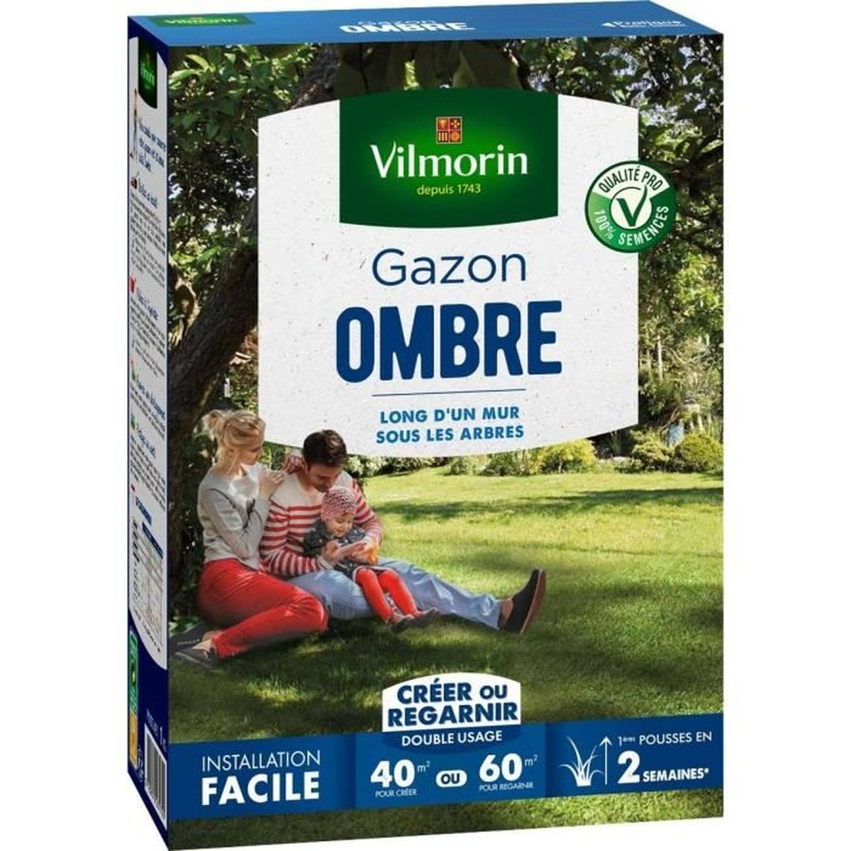 Verpackung von Vilmorin Gazon Ombre Rasensamen mit Familie auf einer Wiese.