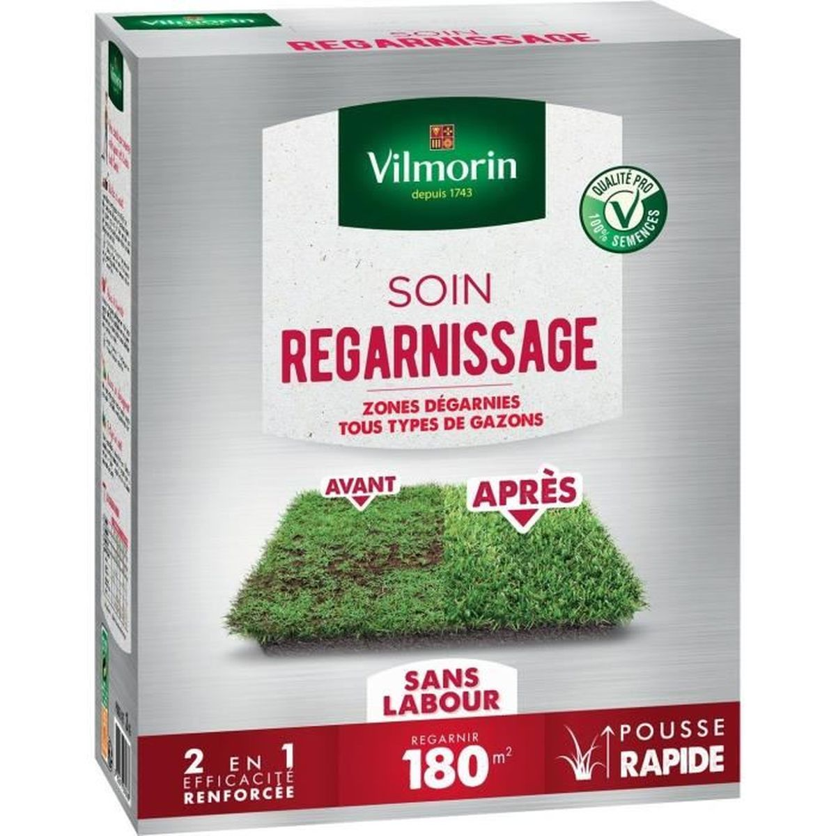 Vilmorin Rasensaatgutbox mit Vorher-Nachher-Vergleich und rotem Akzent.