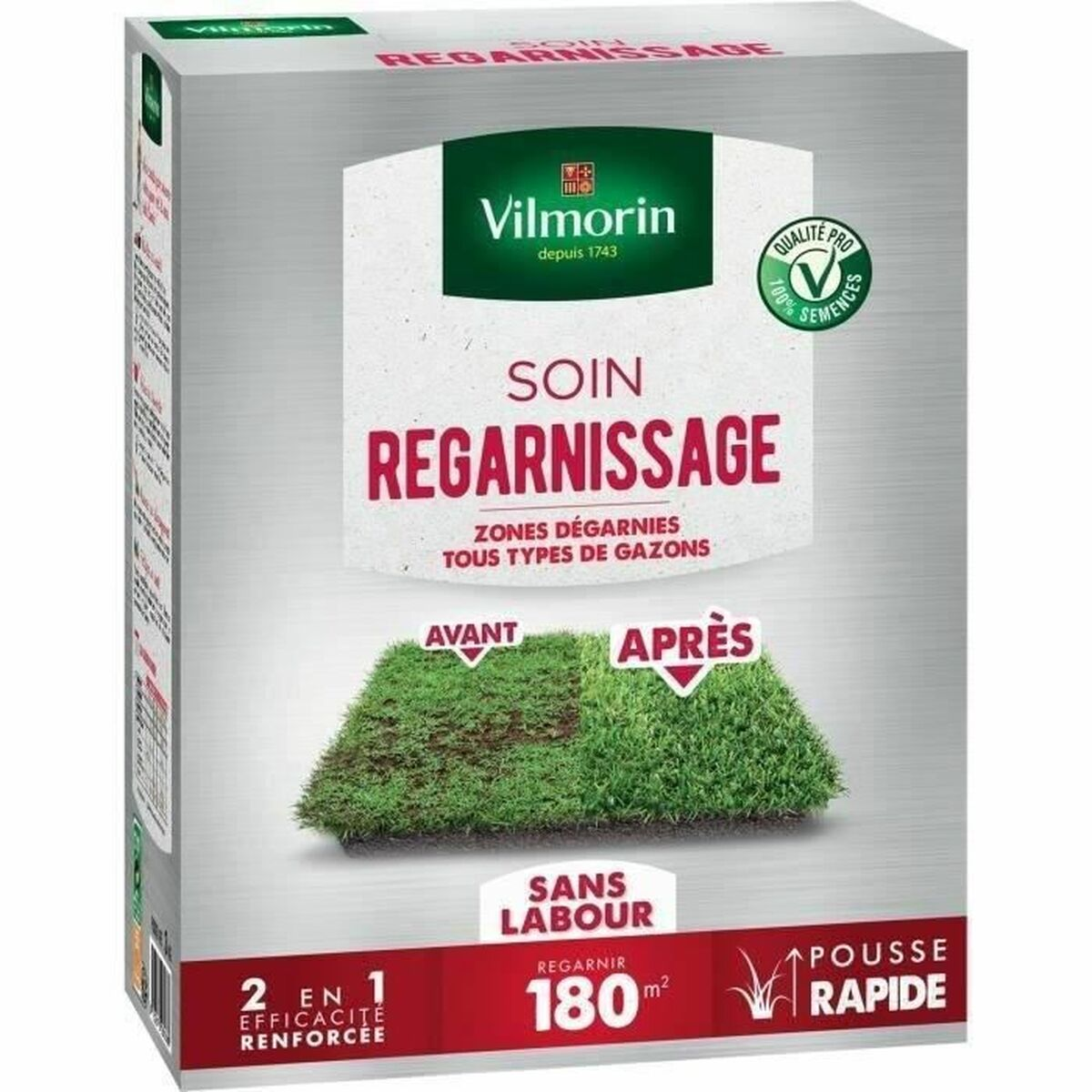 Verpackung von Vilmorin Rasendünger und Nachsaat mit vorher nachher Rasenvergleich.
