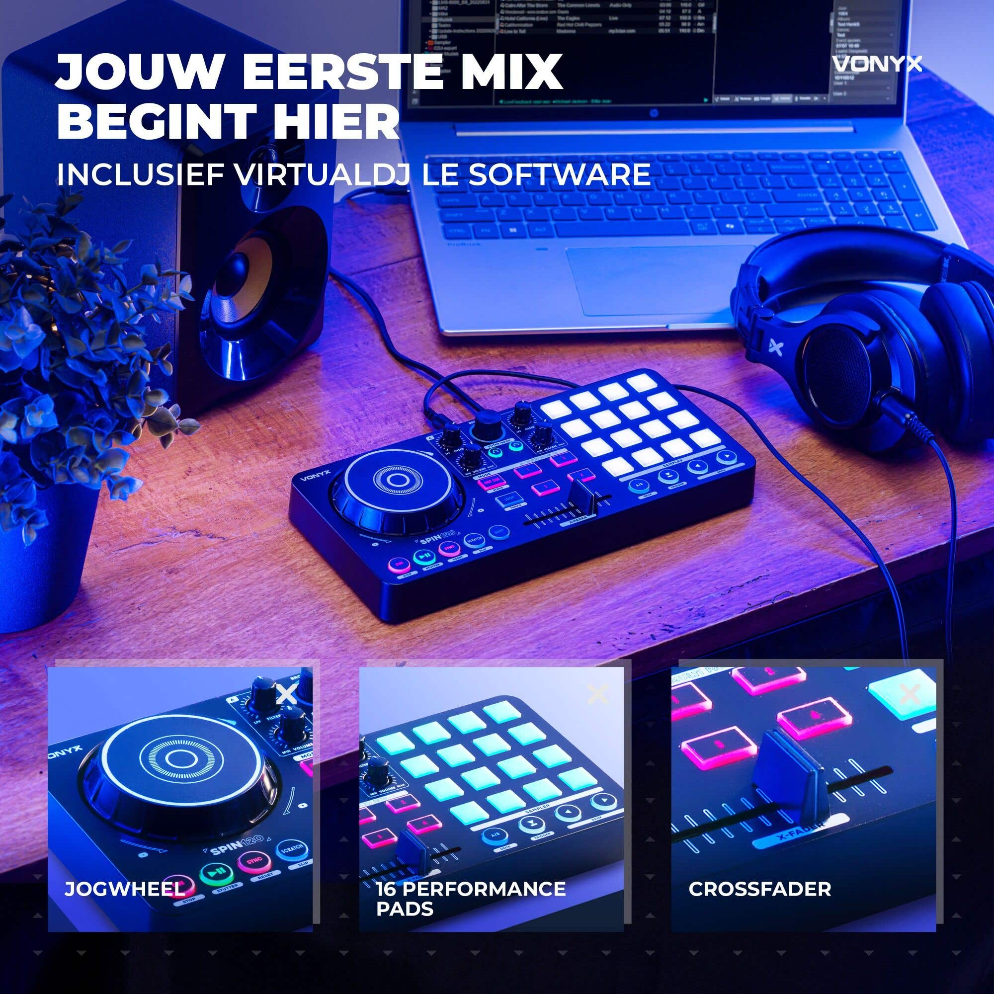Controlador de DJ SPIN120 en un escritorio de madera con portátil, auriculares y altavoz.