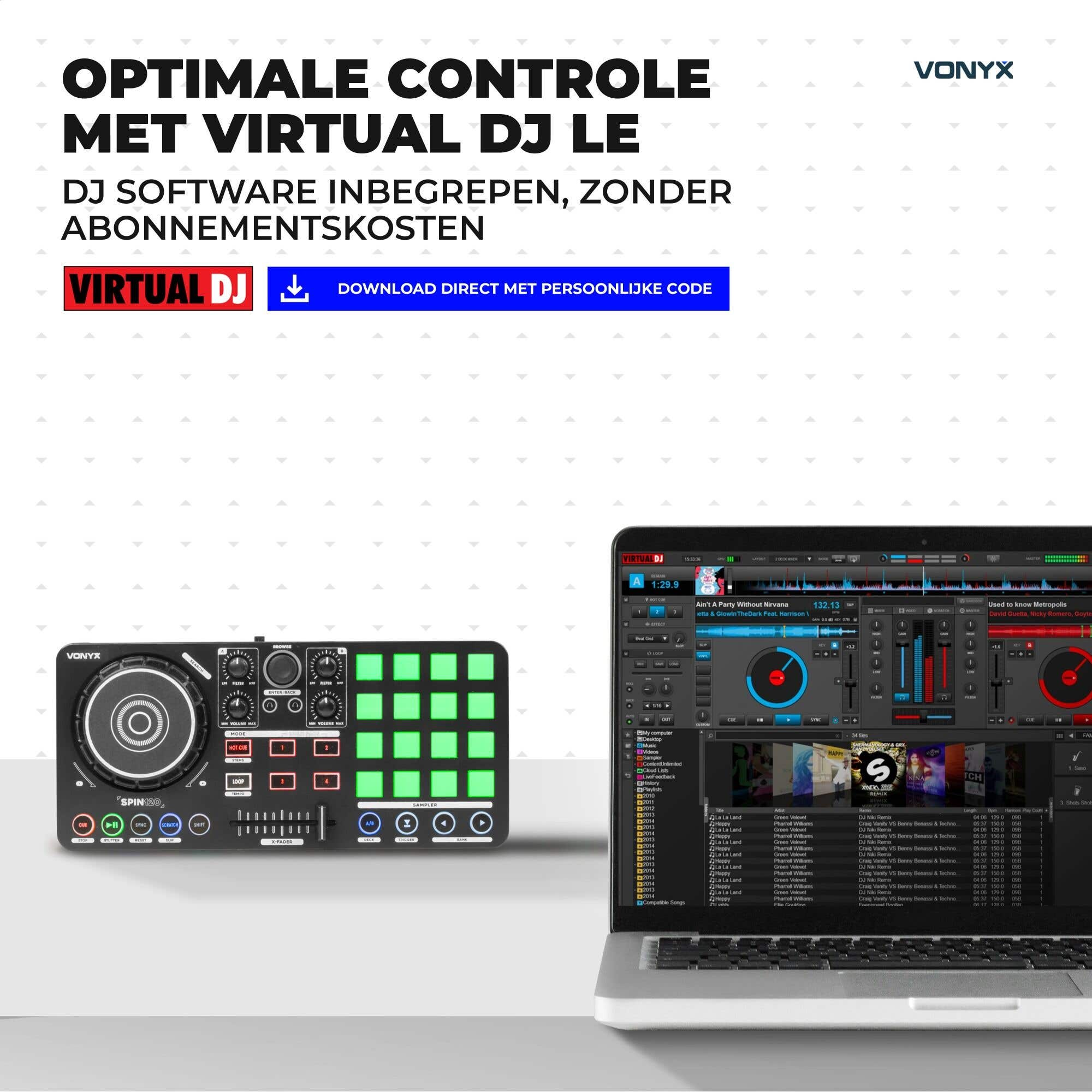 Controlador DJ Spin120 con software Virtual DJ, pads verdes iluminados y portátil con la interfaz.