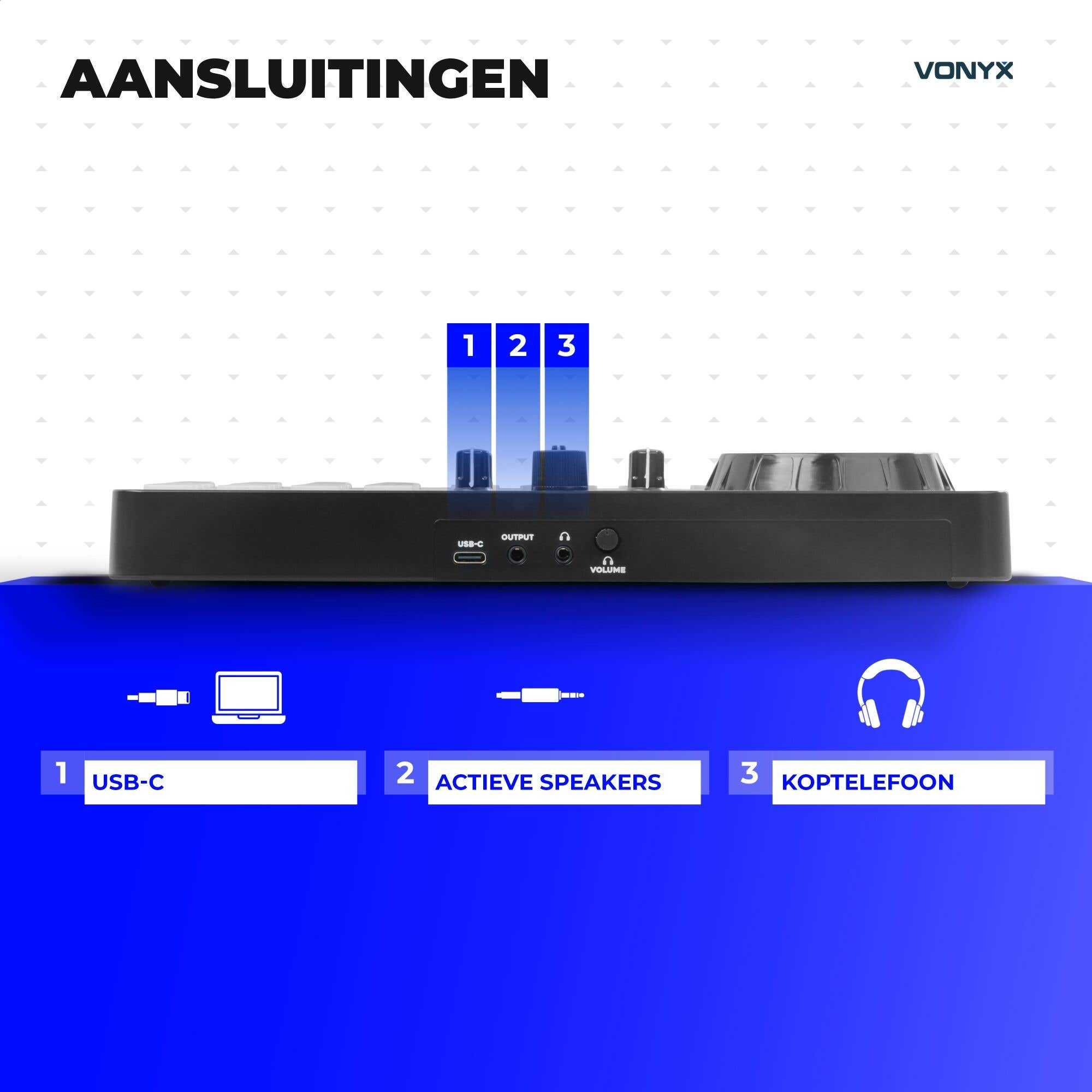 Diagrama de conexiones del controlador DJ: 1. USB-C, 2. Altavoces activos, 3. Auriculares.