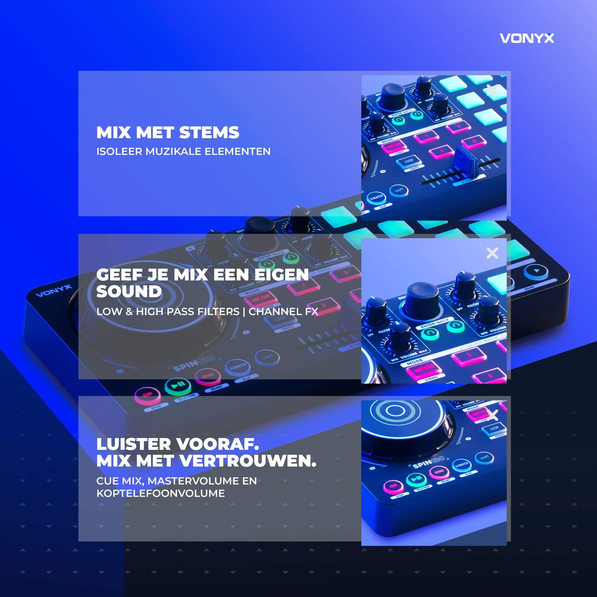 Controlador DJ Vonyx con pads y perillas iluminadas sobre fondo azul, acompañado de bloques de texto en holandés.