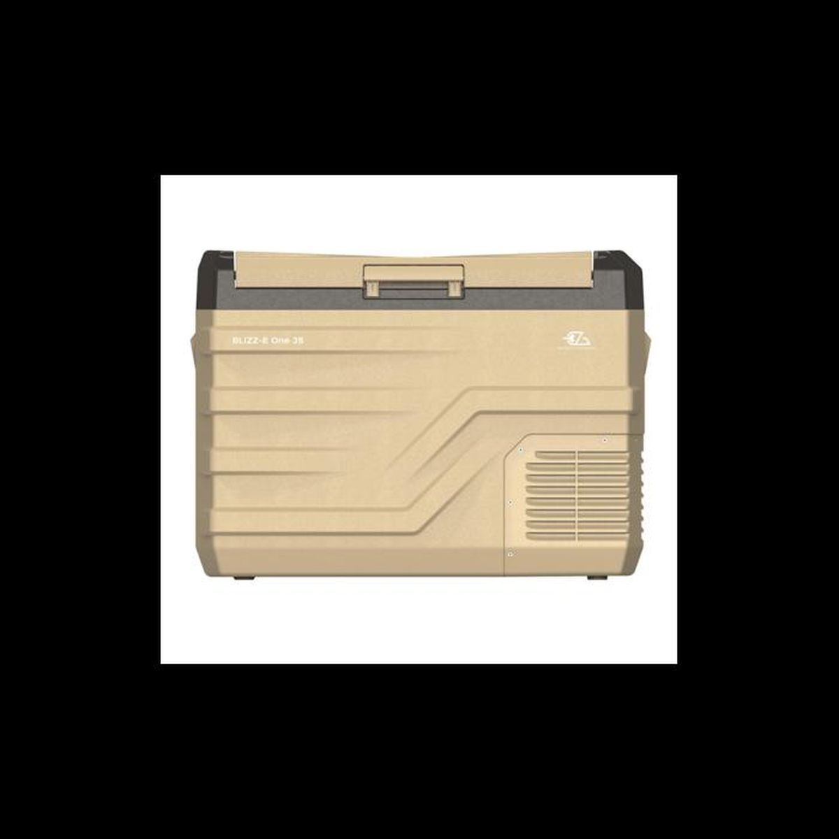 Eine rechteckige, beige Kühlbox mit schwarzem Deckel, Griffen an den Seiten und Lüftungsgittern rechts.