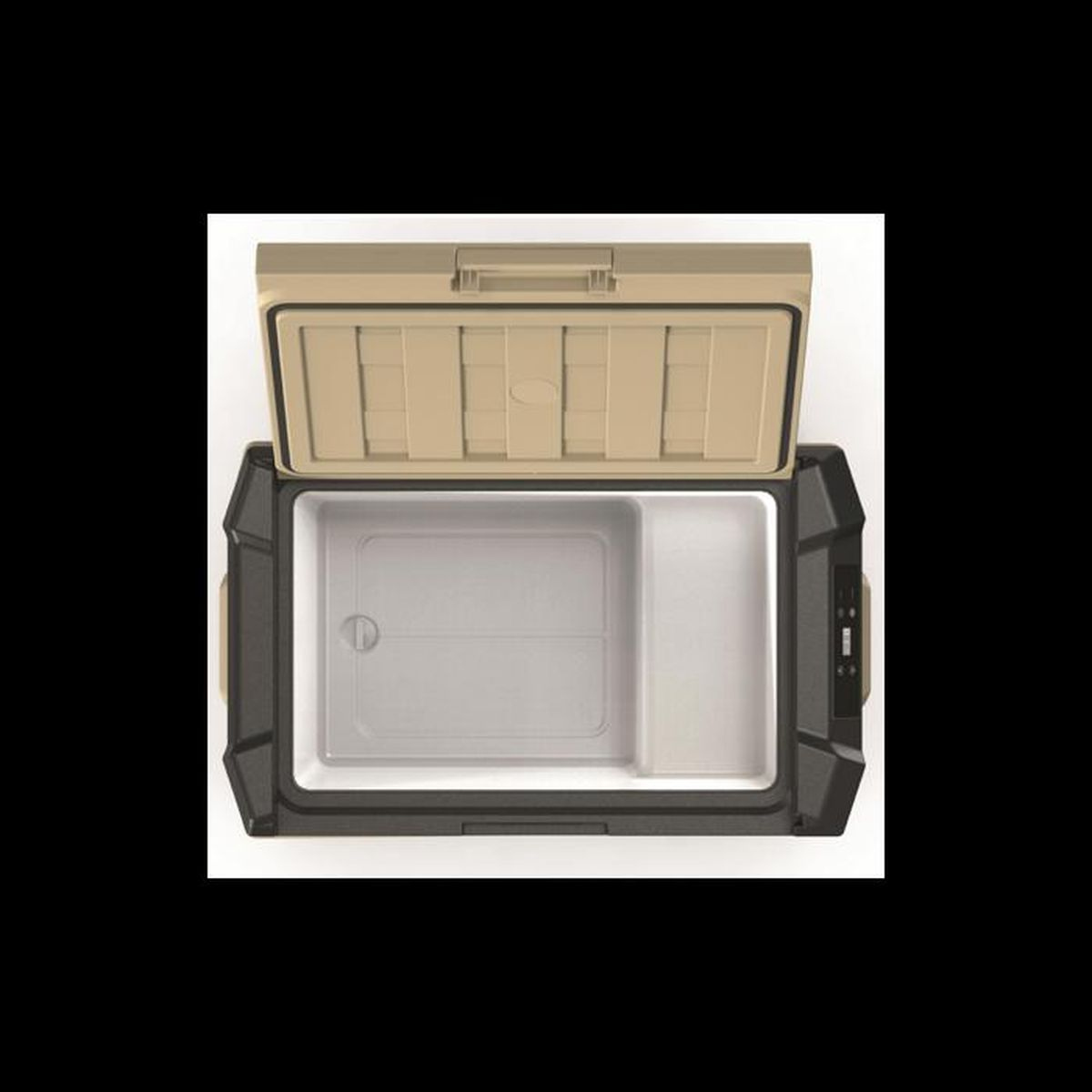 Eine offene, zweifarbige Kühlbox in Beige und Schwarz, von oben fotografiert.