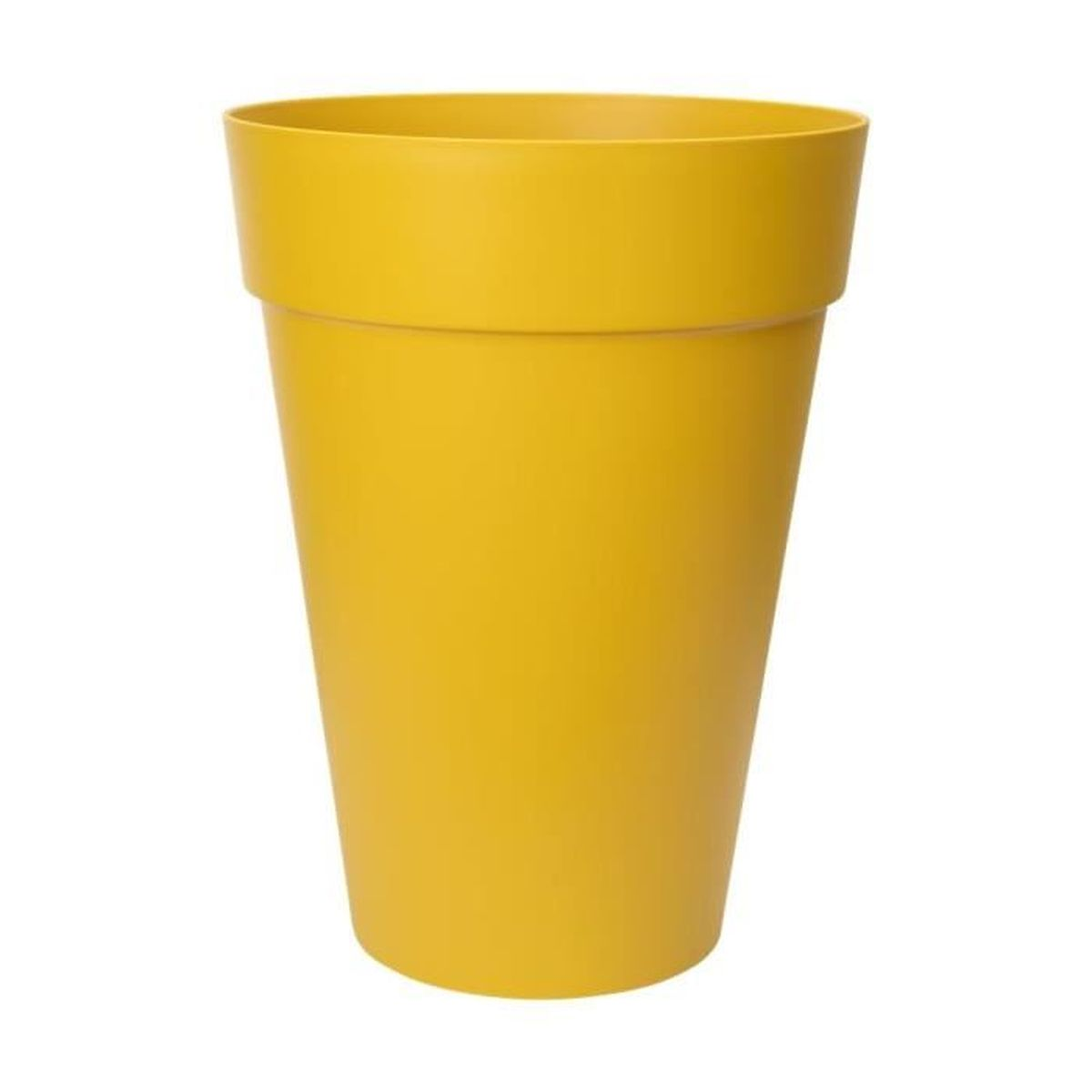 Ein senfgelber, konischer Blumentopf auf weißem Hintergrund.