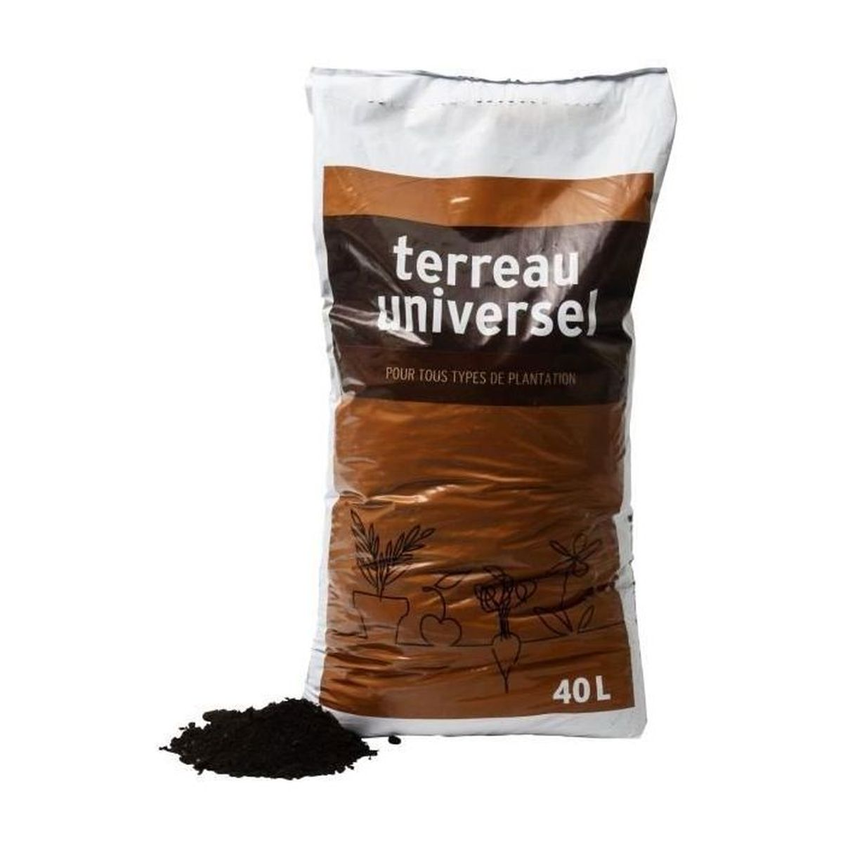 Ein 40L Sack Universalerde mit braun-weißem Design und einer kleine Erdhaufe davor.