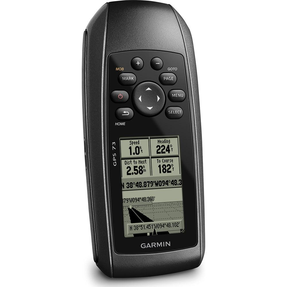 Ein schwarzes Garmin GPS 73 Handheld-Navigationsgerät mit einem Bildschirm, der Geschwindigkeit und Koordinaten anzeigt.