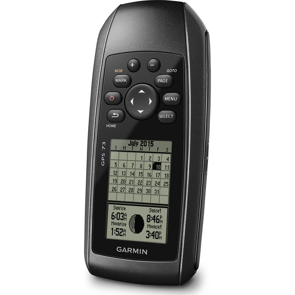 Ein schwarzes Garmin GPS 73 Gerät mit Tasten und einem Display, das einen Kalender und Zeiten anzeigt.