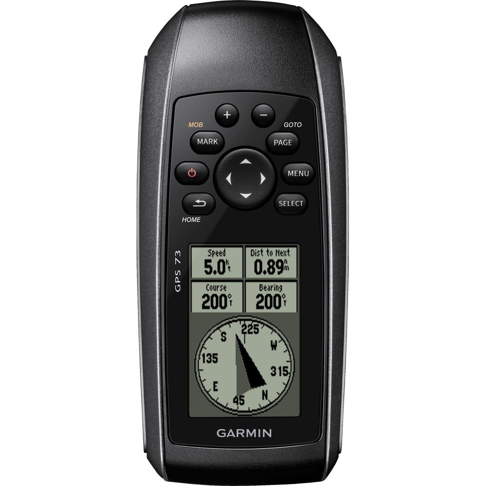 Ein schwarzes Garmin GPS 73 Handgerät mit Monochrom-Bildschirm zeigt Navigationsdaten und einen Kompass.