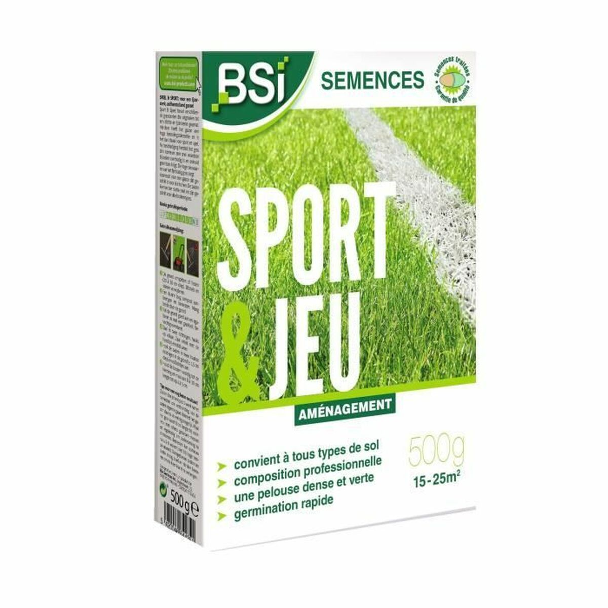 BSI Sport & Jeu Rasensamen-Verpackung mit grünem Rasen und weißer Linienmarkierung.