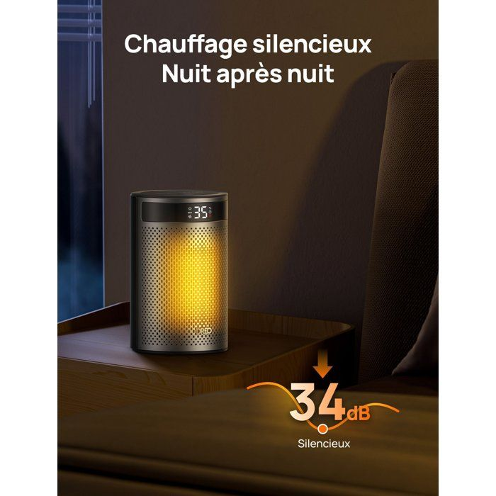 Ein leiser Heizlüfter mit glühendem orangen Licht steht auf einem Nachttisch im Schlafzimmer.
