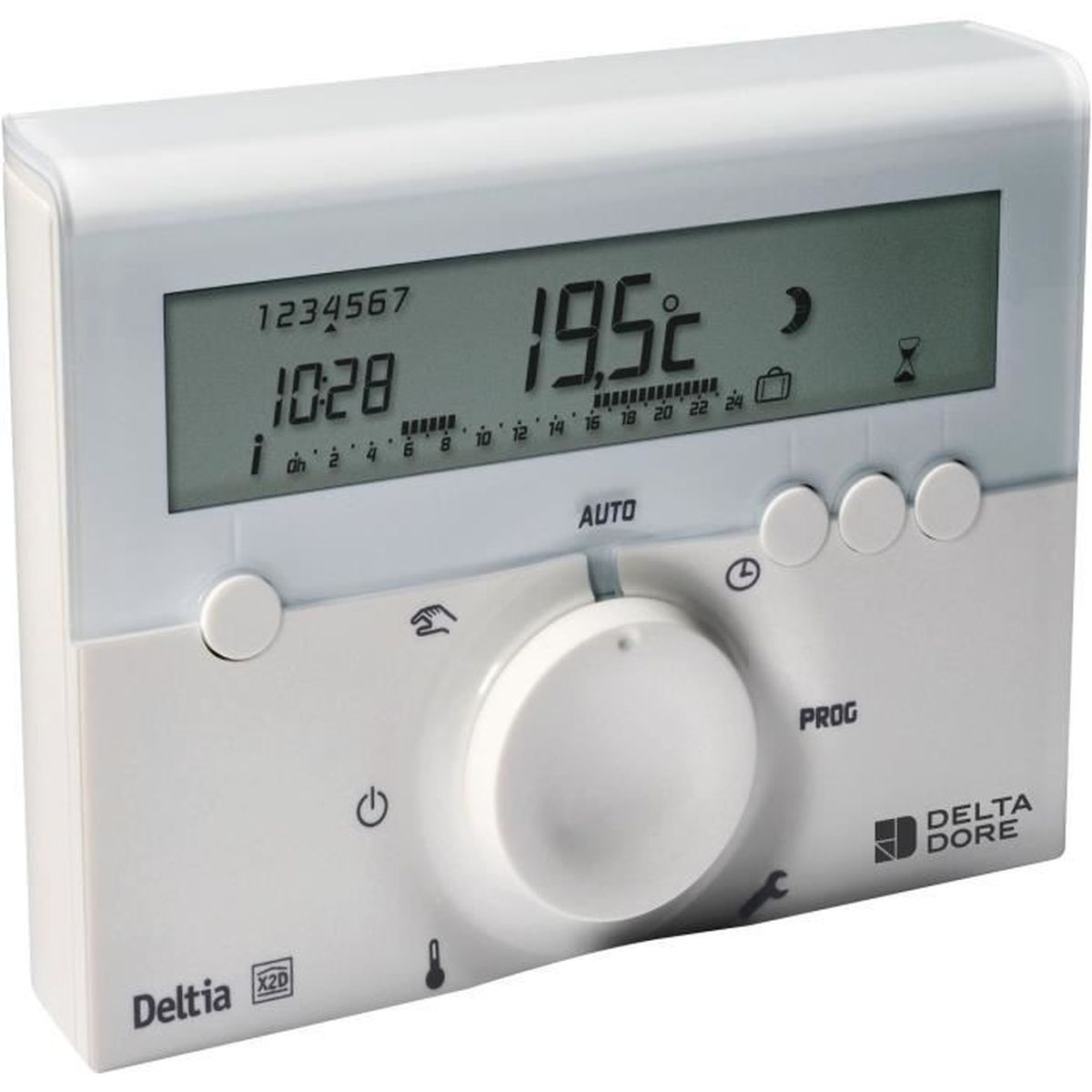 Weißes Delta Dore Digitalthermostat mit Digitalanzeige, Tasten und einem zentralen Drehregler.