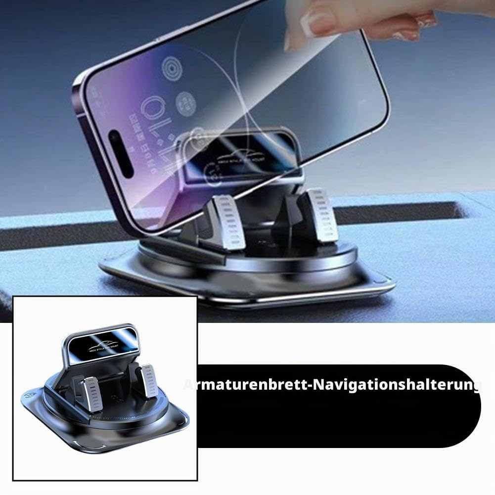 Eine Hand platziert ein Smartphone in eine Armaturenbrett-Halterung fürs Auto auf einer dunklen Oberfläche.