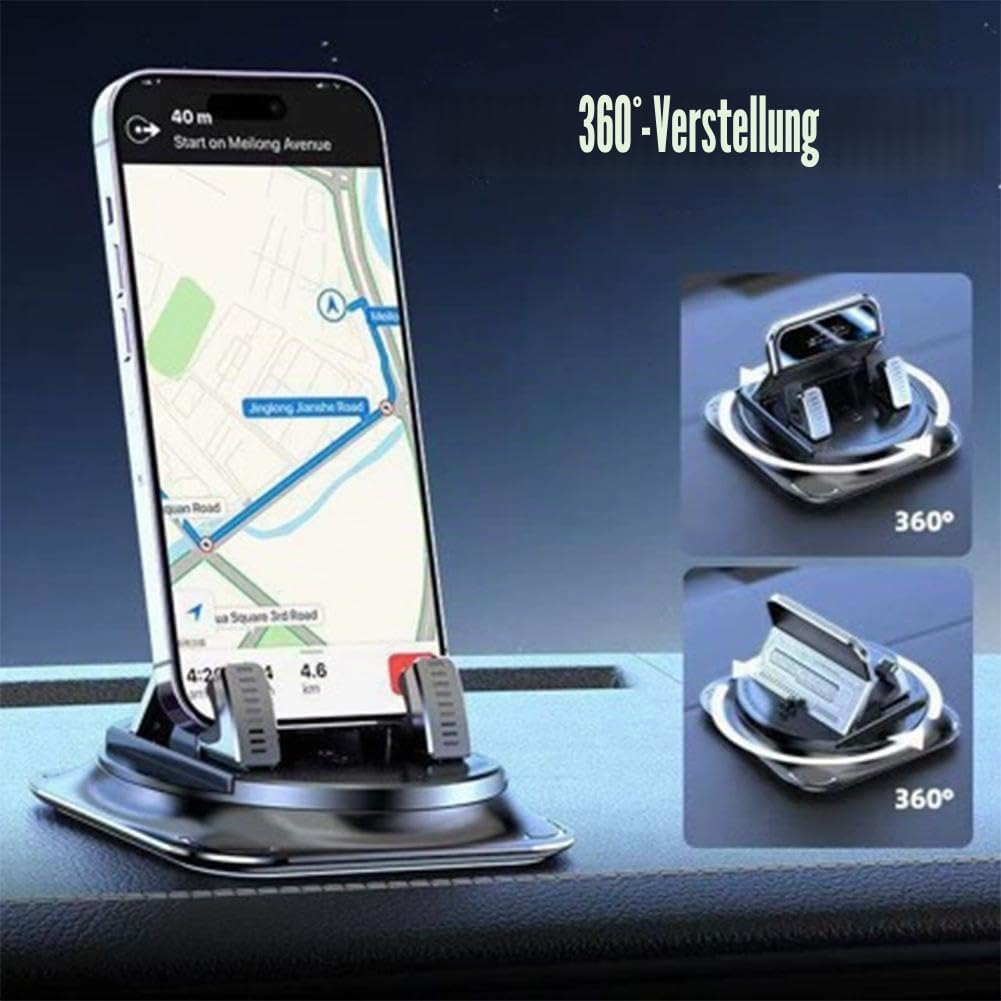 Smartphone in einer 360-Grad-Autohalterung mit Navigations-App.