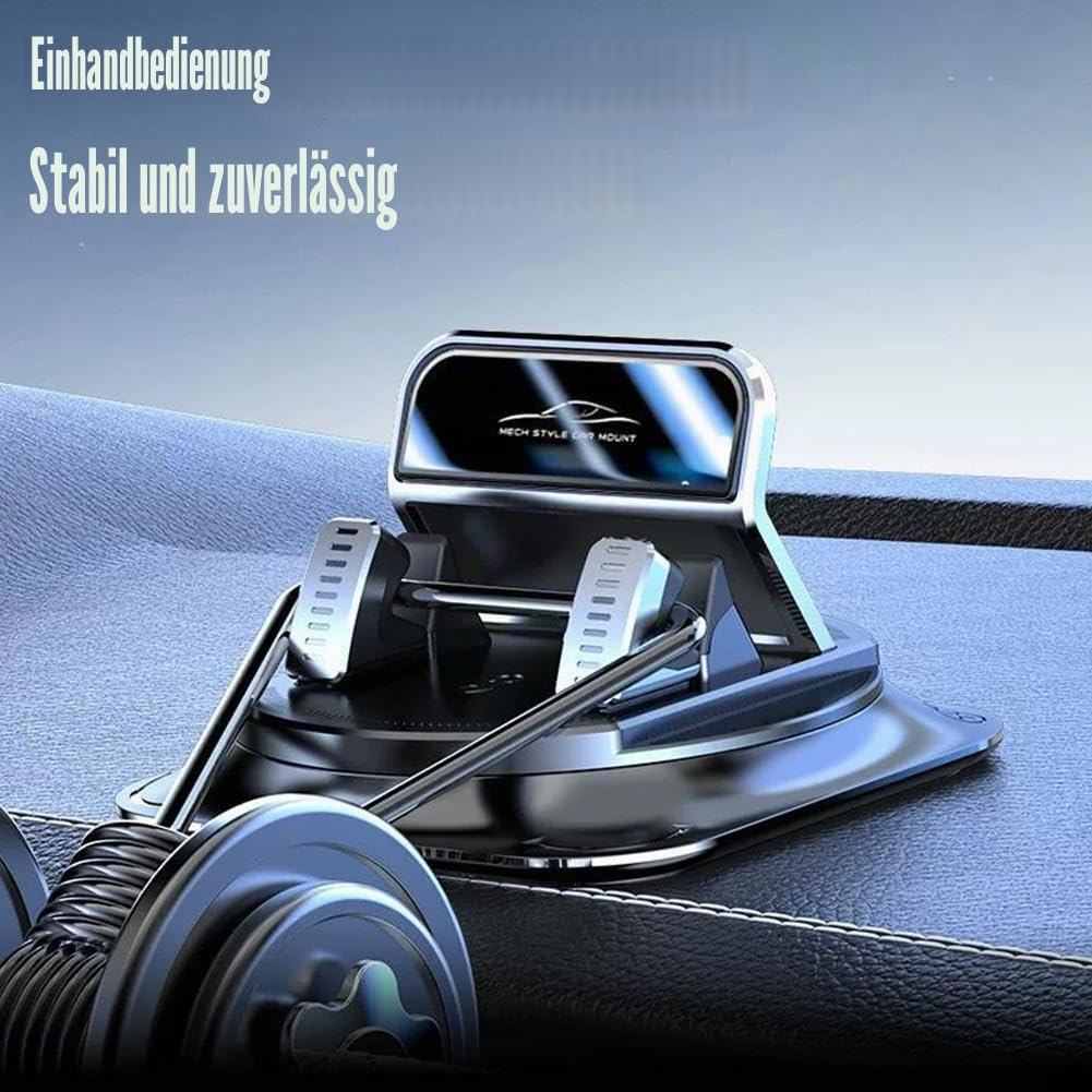 Eine schwarze und silberne Autotelefonhalterung auf einem Armaturenbrett, mit deutschem Text oben links.