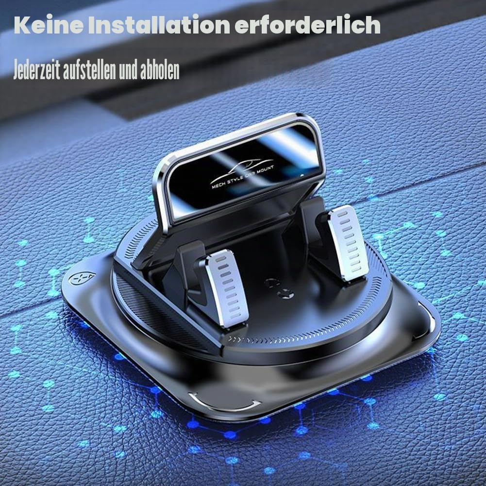 Eine schwarze Autohandyhalterung auf einem blauem Armaturenbrett.