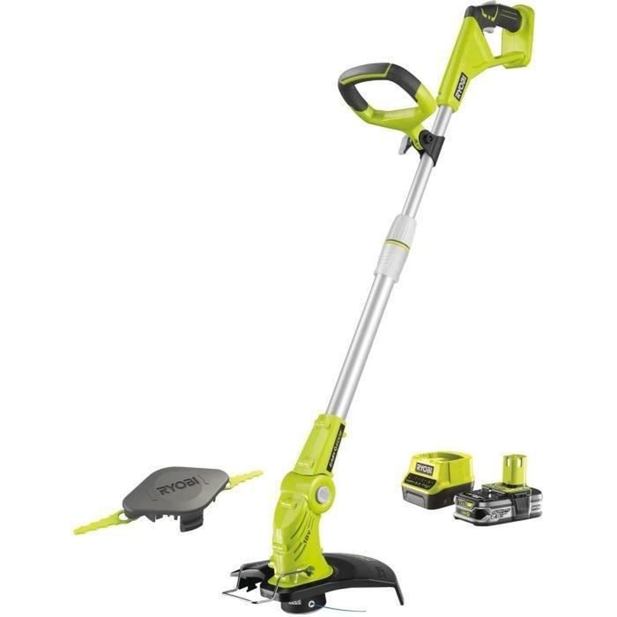 Grüner Ryobi Akku-Rasentrimmer mit verstellbarem Griff, Ladegerät und Ersatzklingen.