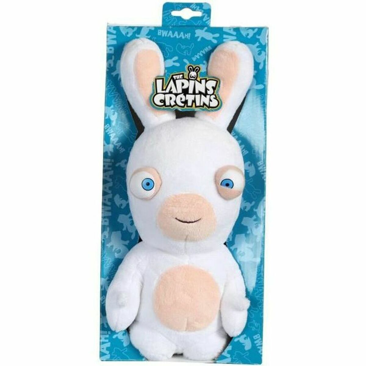 Ein weißes Lapins Cretins Stofftier in einer blauen Verpackung mit blauen Augen und rosa Akzenten.