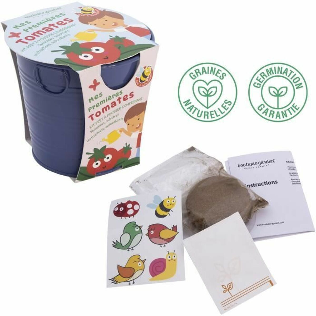 Kinder-Garten-Set mit blauem Eimer, Erde, Aufklebern und Anleitung.