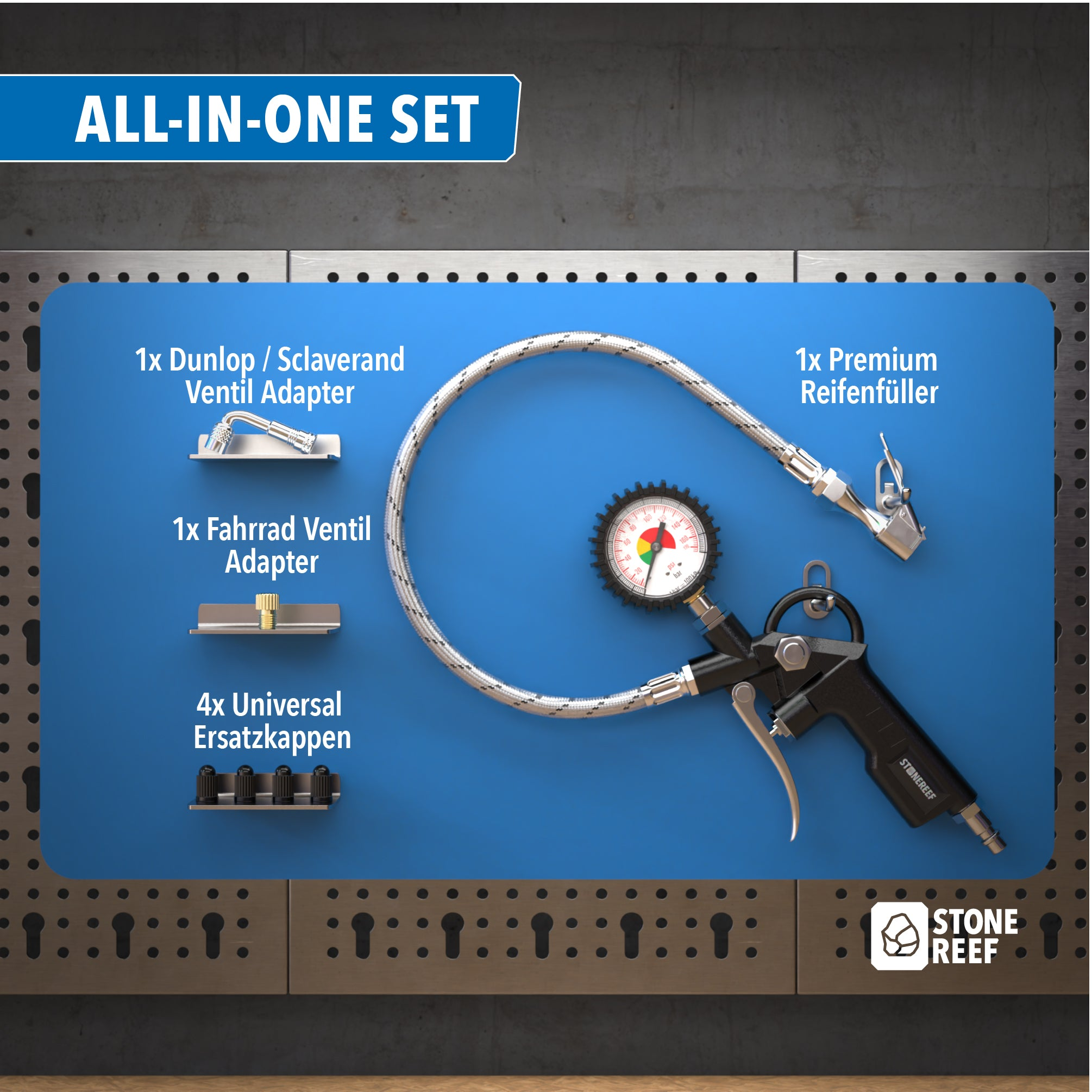 All-in-One-Reifenfüller-Set mit Schlauch, Manometer und verschiedenen Ventidadaptern auf einer blauen Tafel.