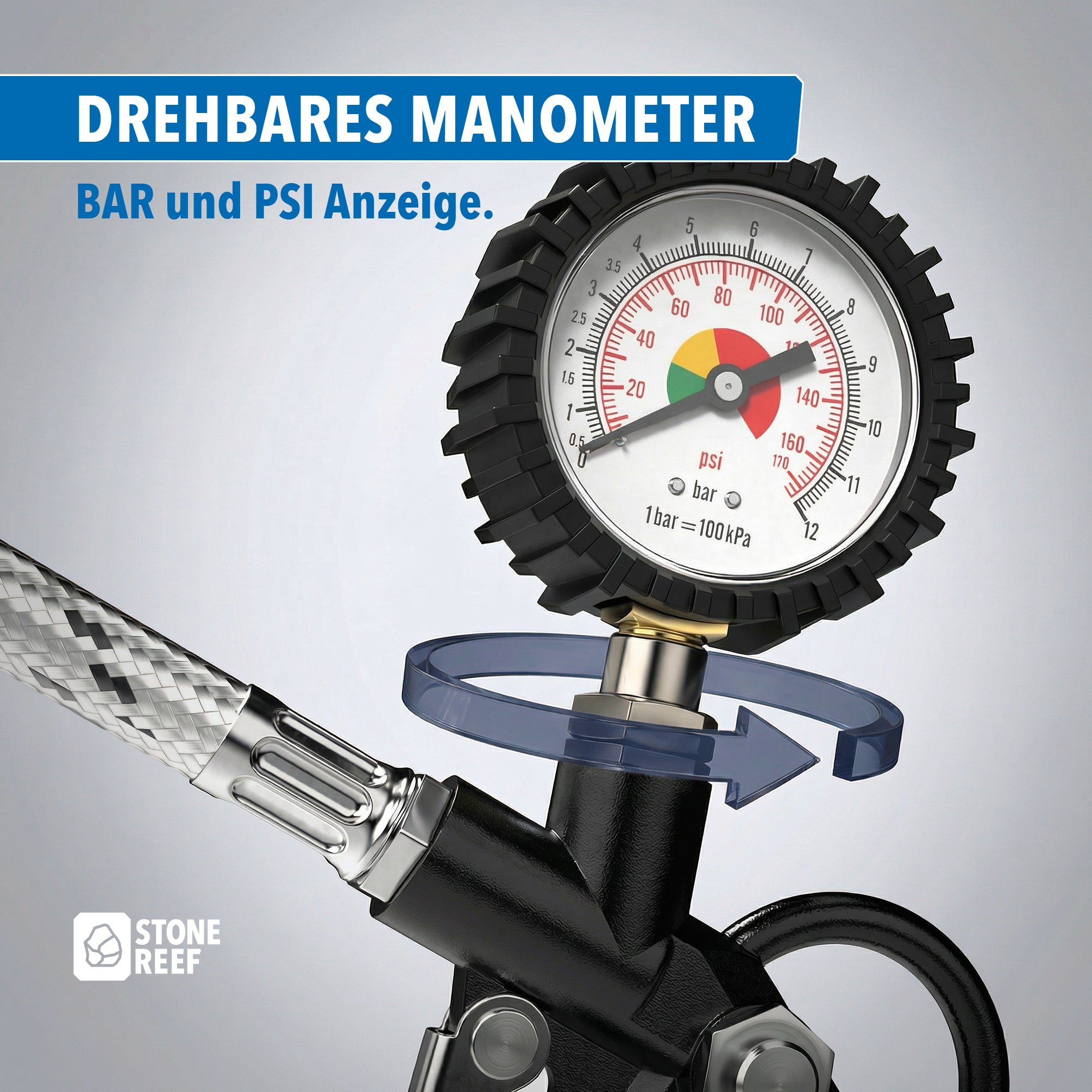 Ein schwarzes Manometer mit einer Skala für Bar und psi, verbunden mit einem silbernen Schlauch.
