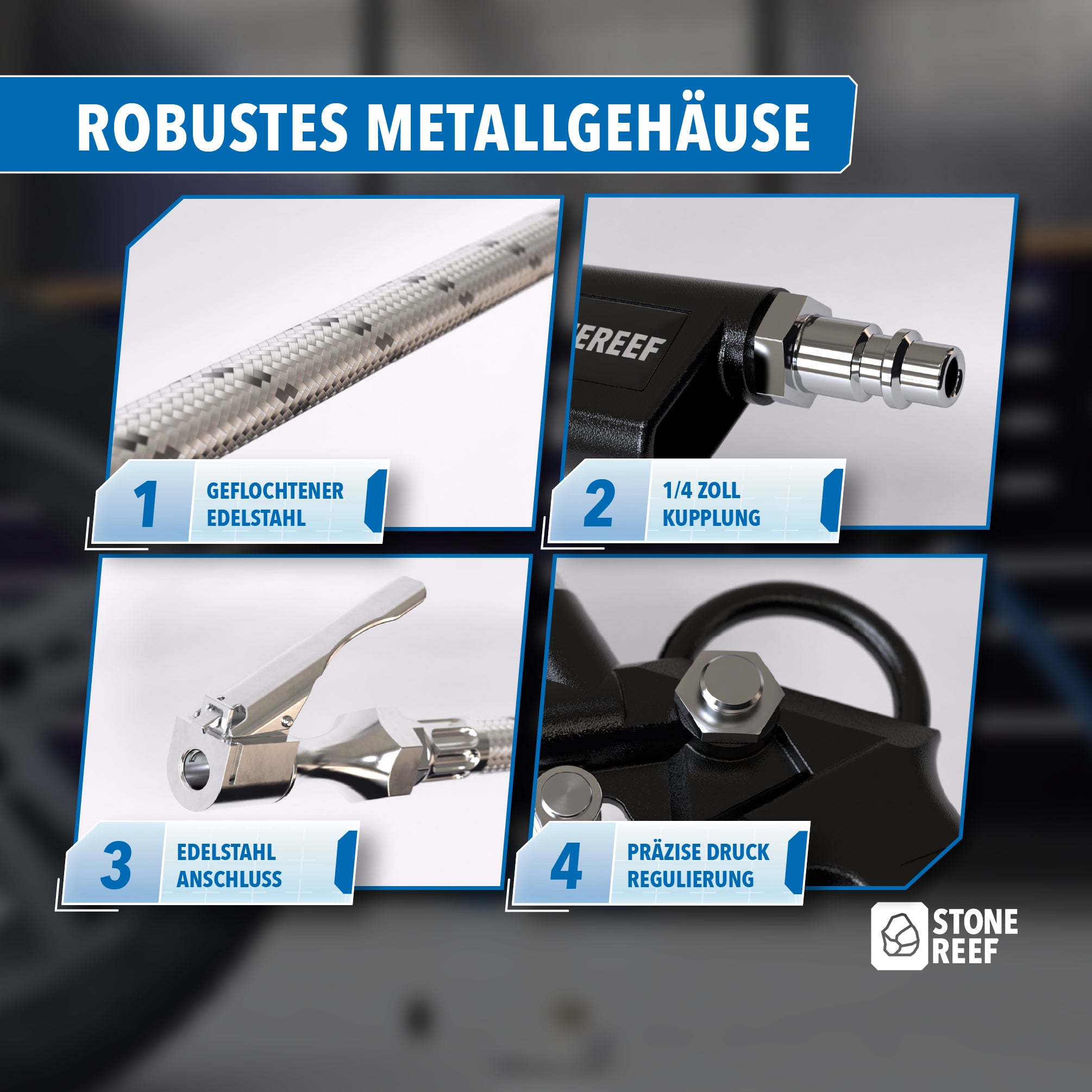 Vier Paneele zeigen Details eines Metallwerkzeugs: geflochtener Edelstahl, 1/4-Zoll-Kupplung, Anschluss und Regler.