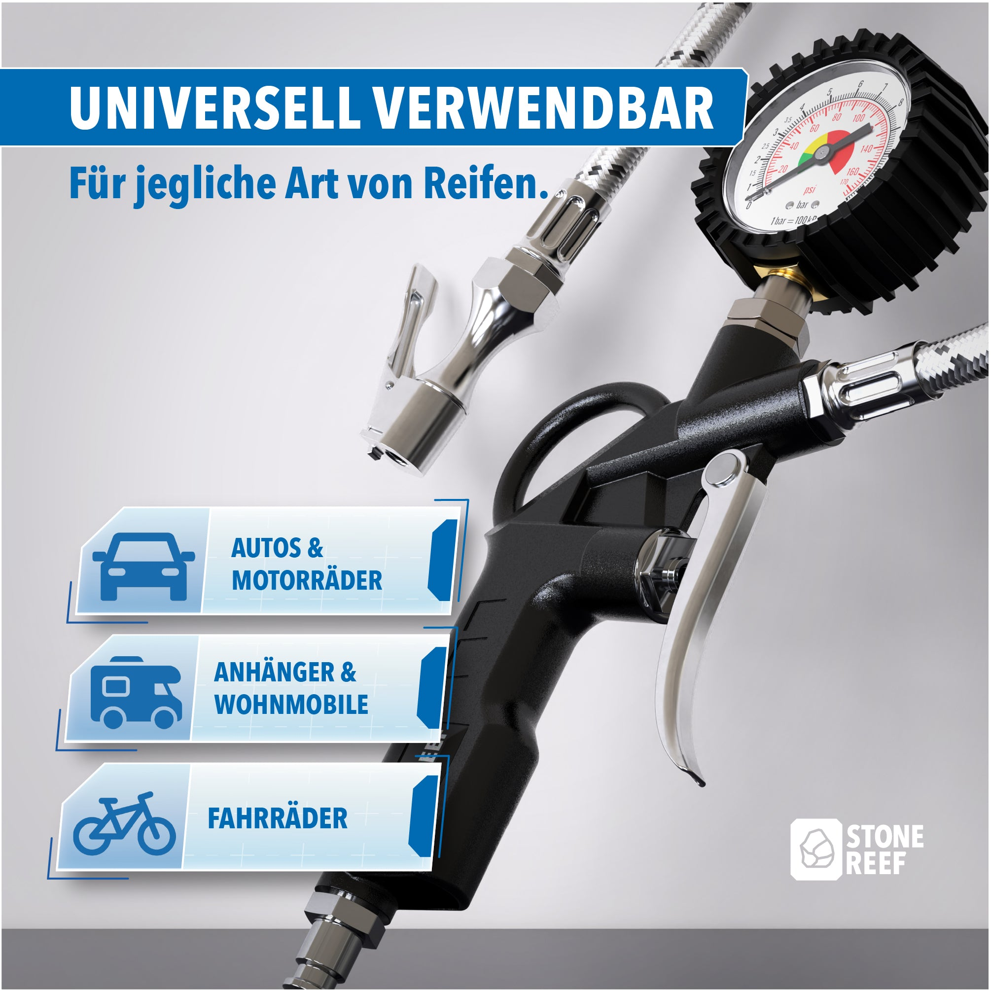 Reifendruckprüfer mit Manometer für Autos, Wohnmobile und Fahrräder.