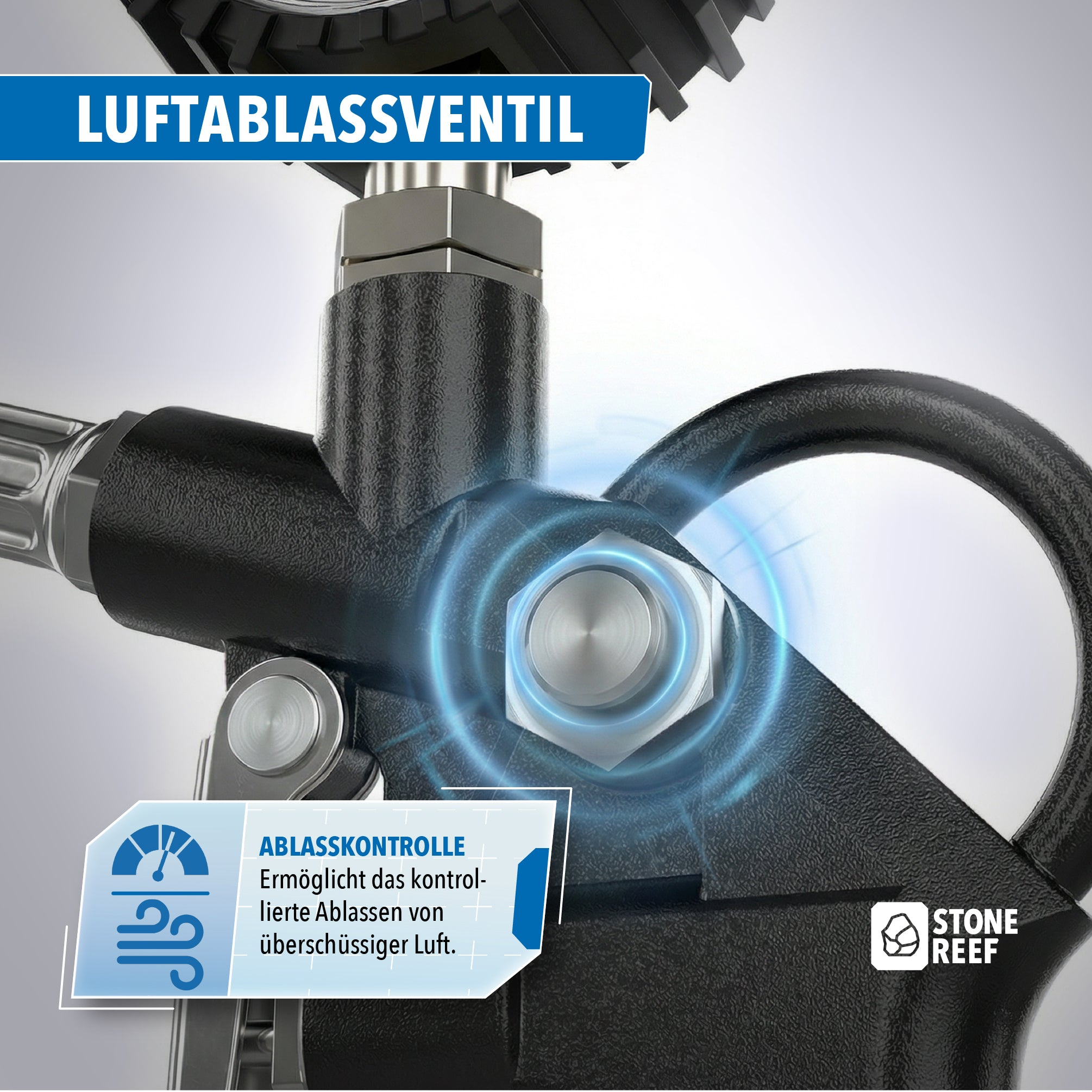 Nahaufnahme einer schwarzen Luftdruckpistole mit blauem Ablassventil-Etikett und leuchtendem Knopf.