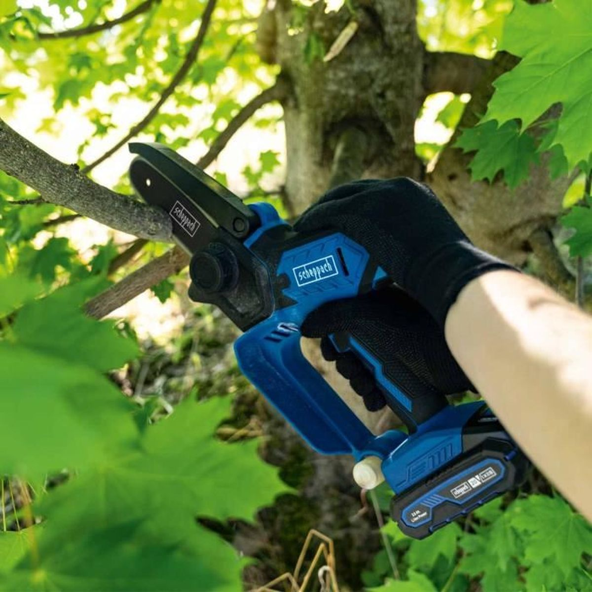Eine Hand mit schwarzem Handschuh hält eine blaue Akku-Kettensäge und schneidet einen Baumast.
