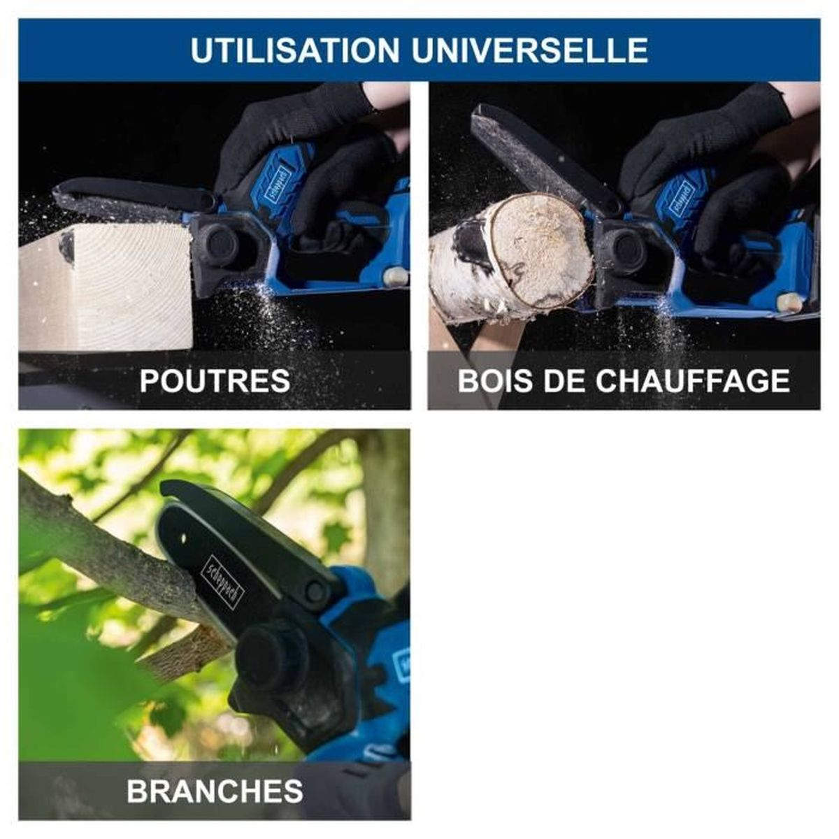 Drei Bilder zeigen eine kleine Akku-Kettensäge im Einsatz beim Schneiden von Balken, Holz und Ästen.