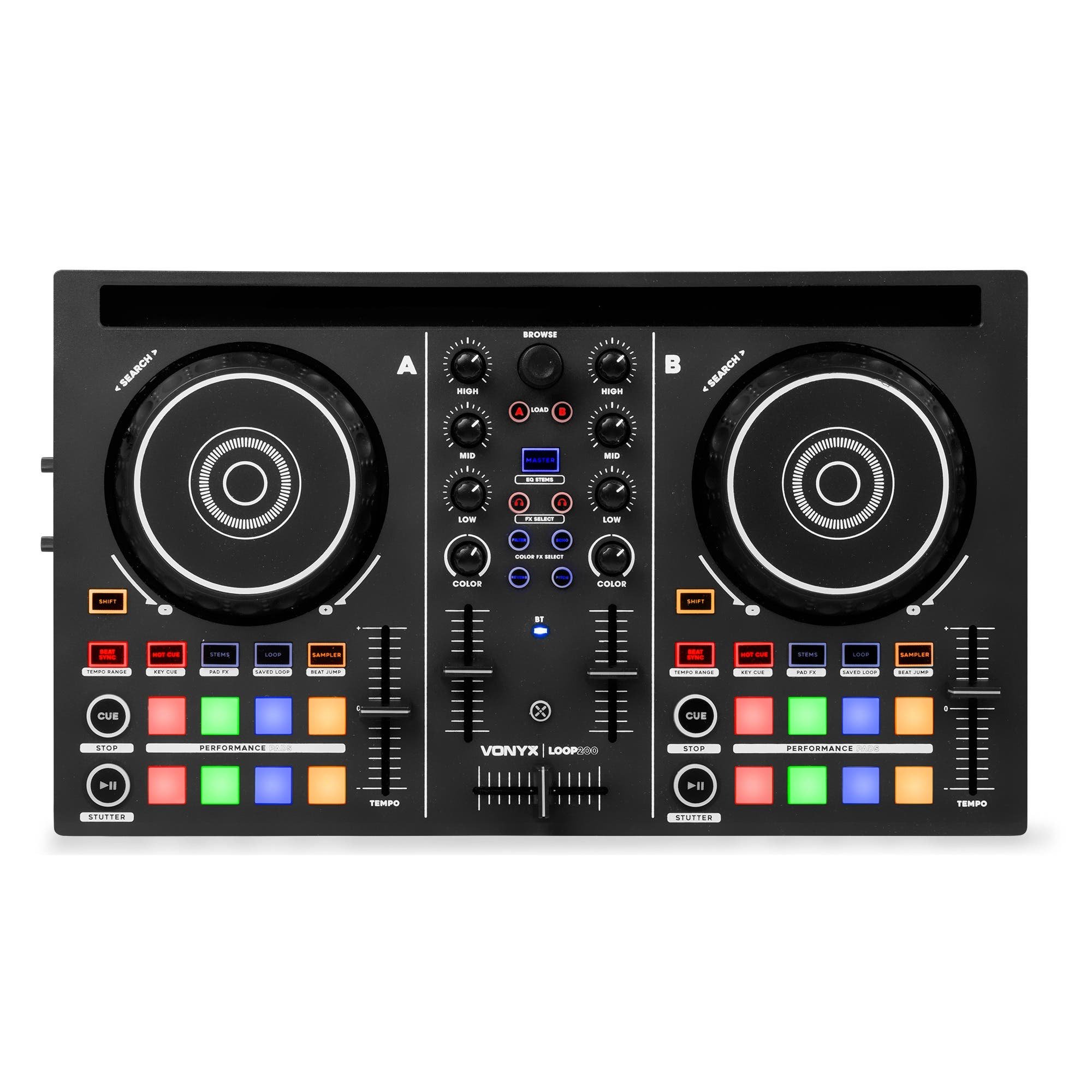 Ein schwarzer Vonyx Loop200 DJ-Controller mit zwei Jogwheels, Mischpult und bunten Performance-Pads.
