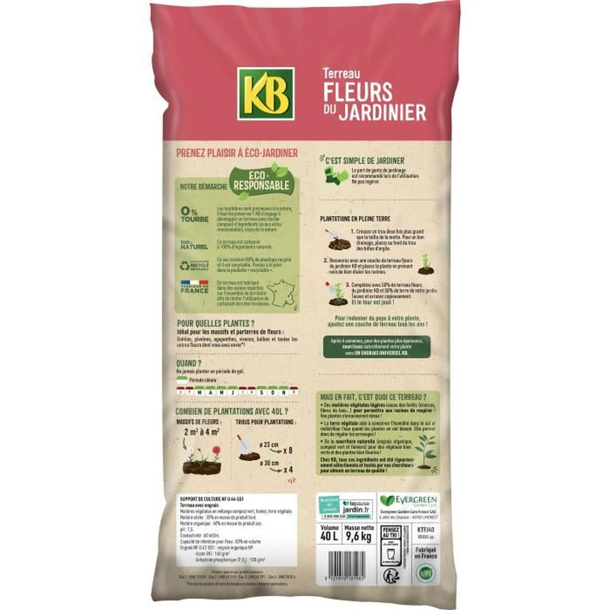 Roter und beiger KB Pflanzenerde Sack mit französischen Anweisungen, grüner Markierung und 40L Volumenangabe.