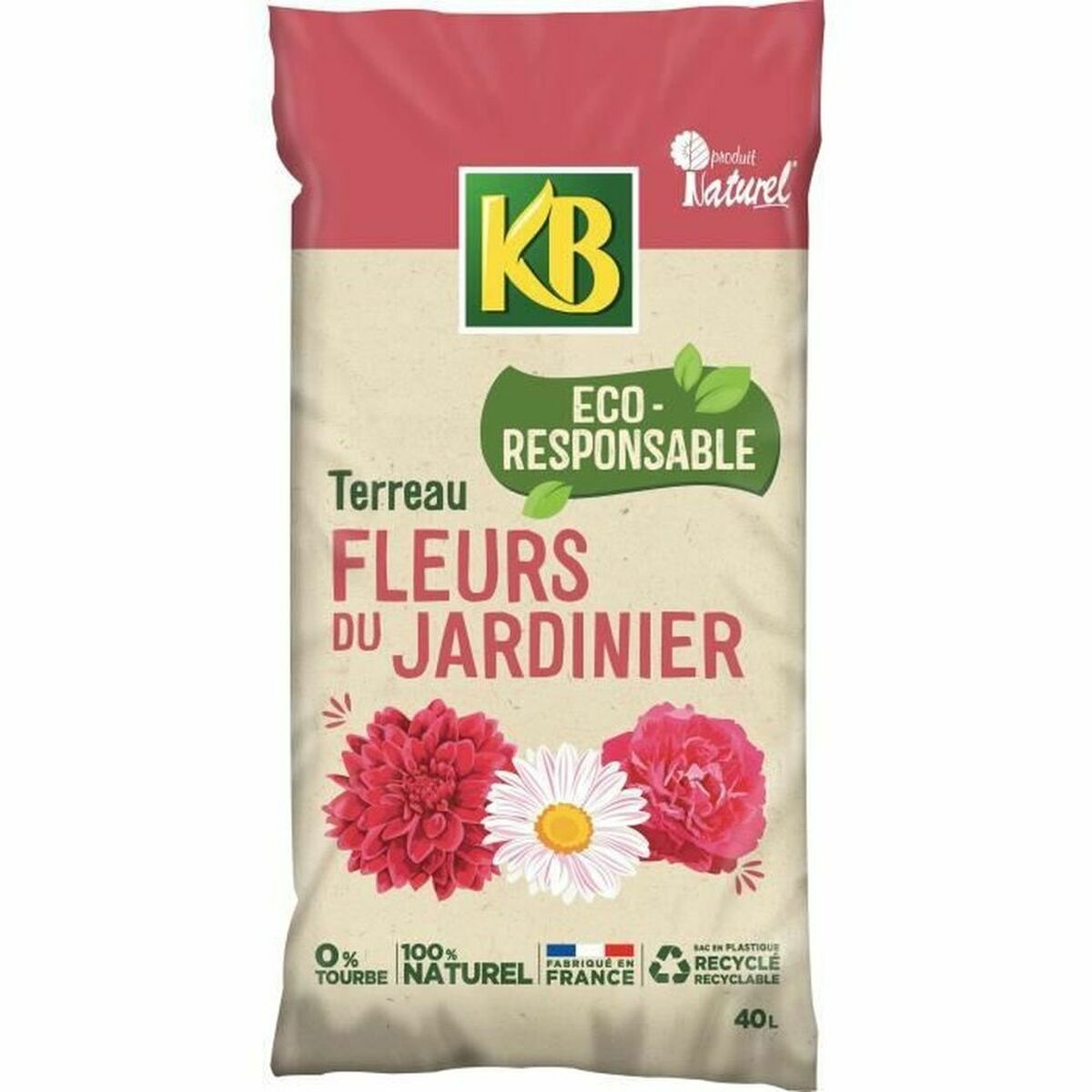 Eine Beutel KB Blumenerde mit roten und weißen Blumen, umweltfreundlich.