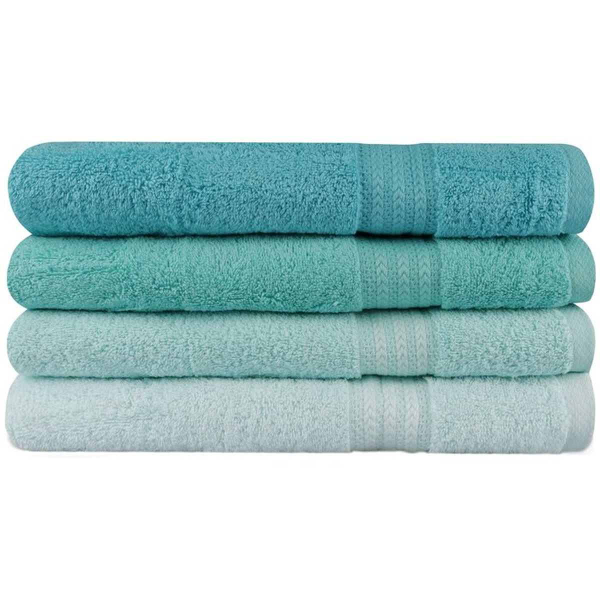 Ein Stapel von vier gefalteten Badetüchern in Türkis, Mint, Aqua und Hellblau auf weißem Hintergrund.