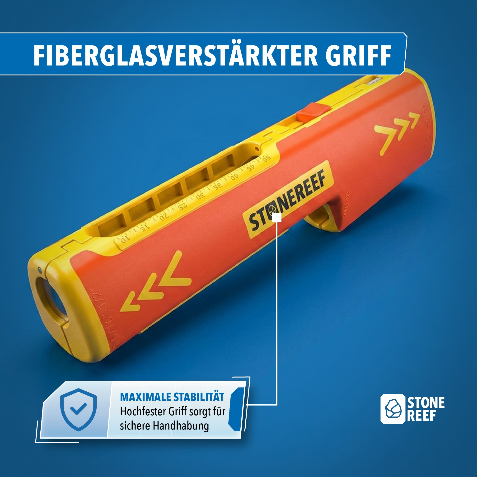 Ein gelb-roter Glasfasergriff auf blauem Hintergrund mit deutschem Text.