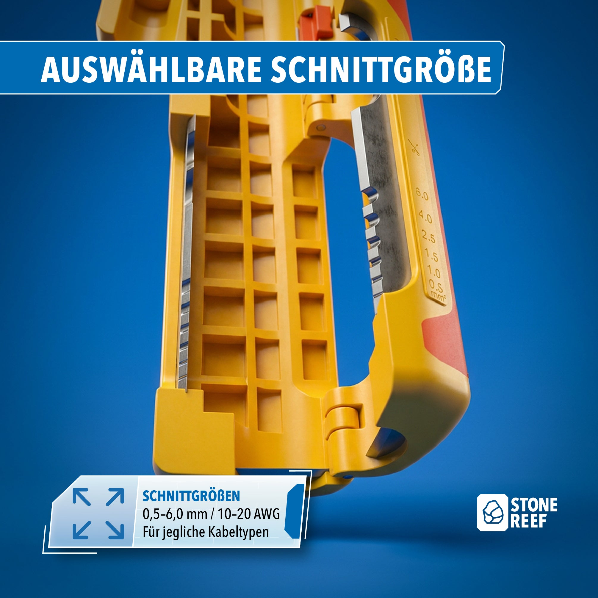 Gelbes Werkzeug mit integrierten Klingen für Schnittgrößen von 0,5 bis 6,0 mm vor blauem Hintergrund.