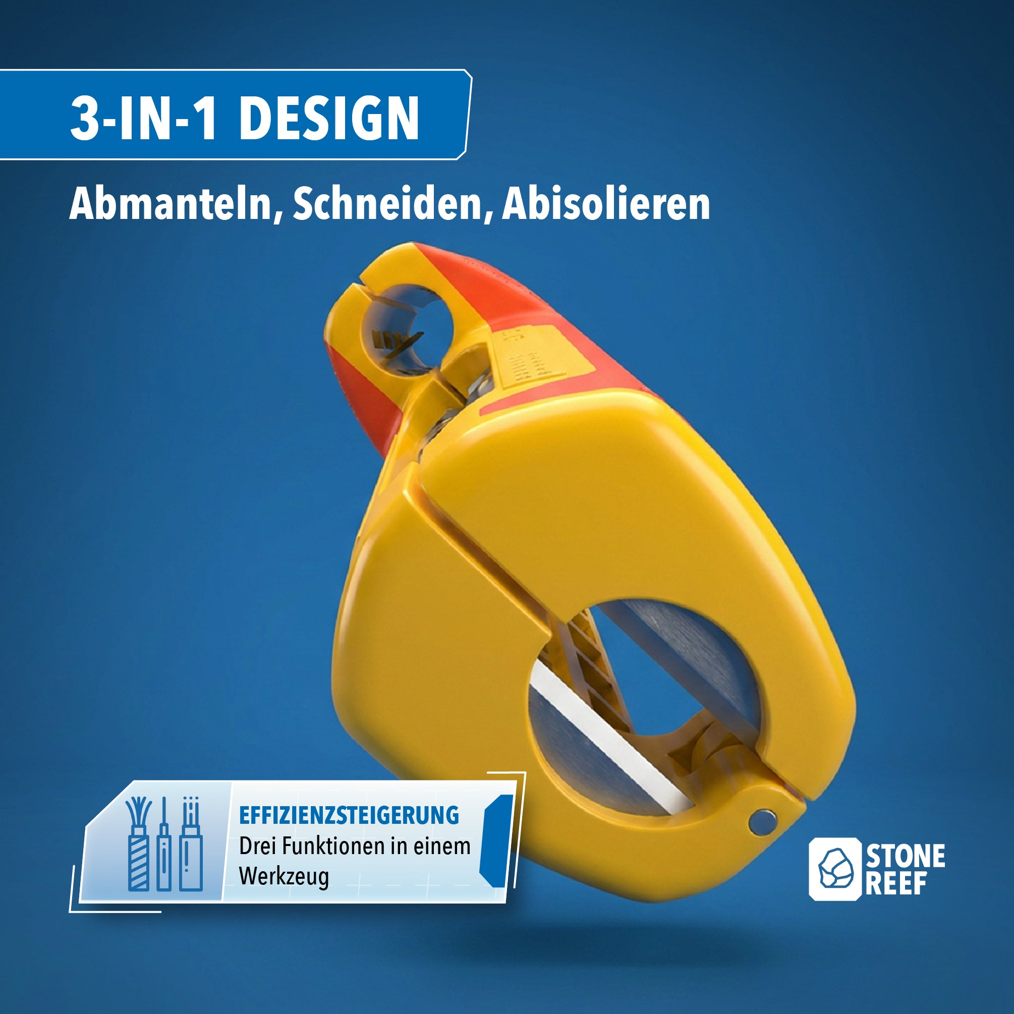Ein gelb-rotes 3-in-1-Abisolierwerkzeug vor blauem Hintergrund mit Texten.