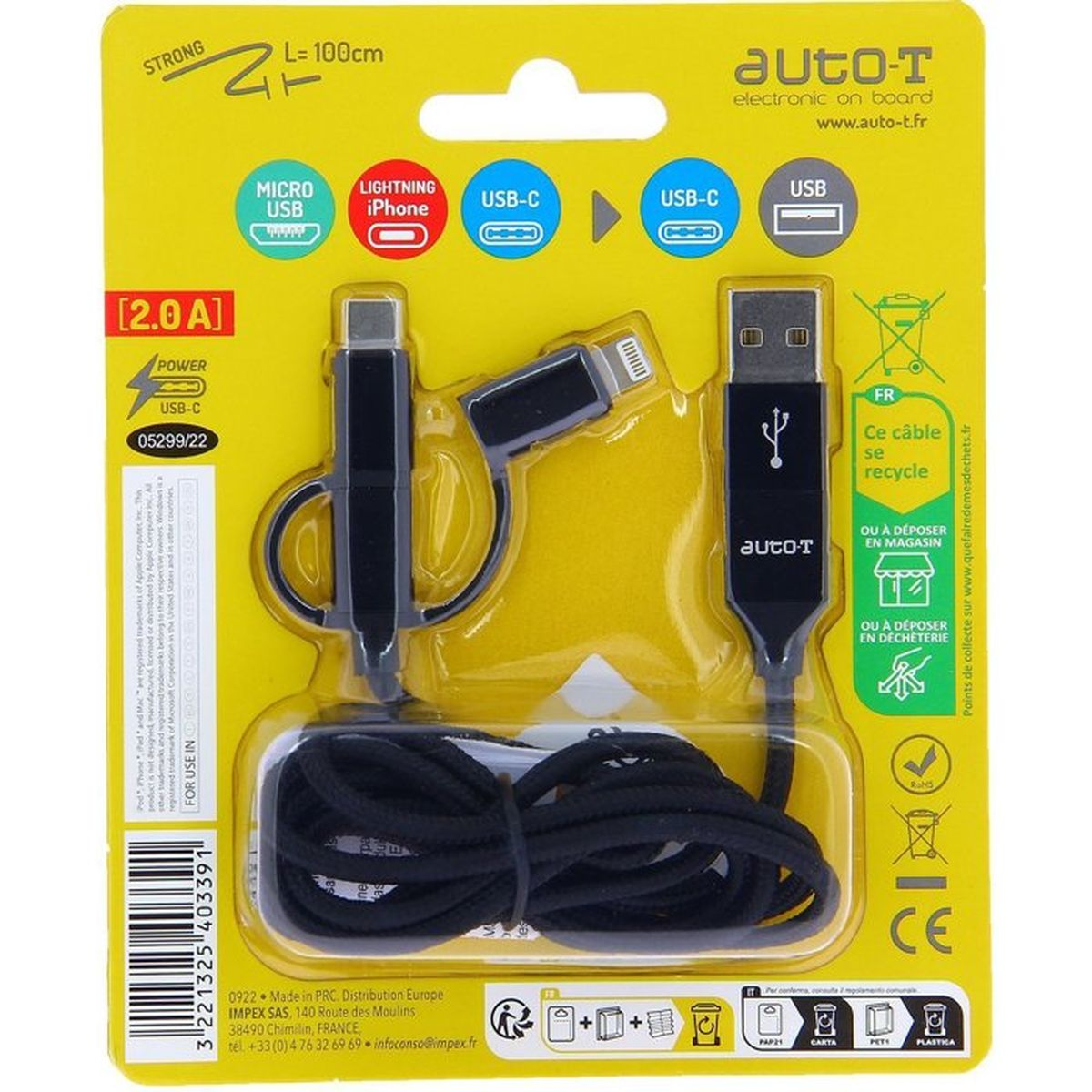 Ein schwarzes Multikabel in gelber Verpackung mit Symbolen für Micro-USB, Lightning und USB-C.