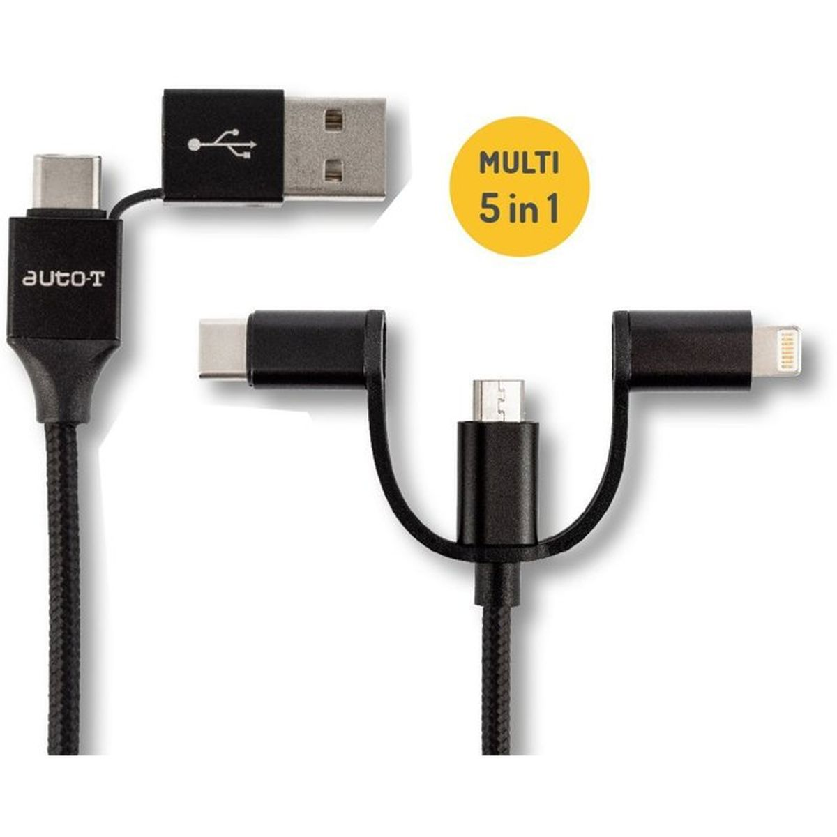 Ein schwarzes 5-in-1-Mehrfach-Ladekabel mit USB-C-, Micro-USB- und Lightning-Anschlüssen auf weißem Hintergrund.
