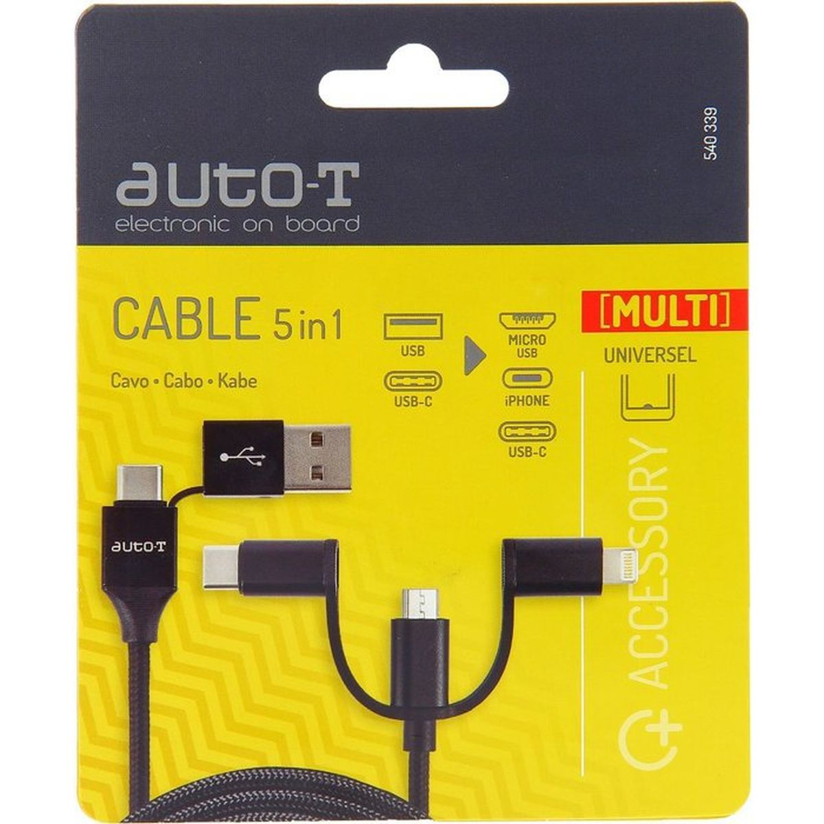 Verpackung für ein 5-in-1-Multi-Ladekabel mit USB-C, Micro-USB und iPhone-Anschlüssen.