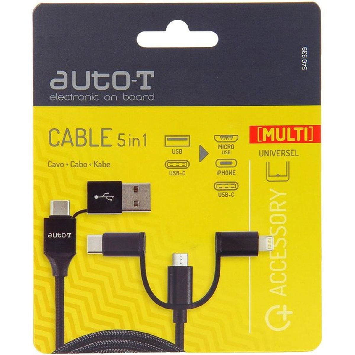 Verpackung eines Auto-T 5-in-1-Multi-Ladekabels mit USB-, USB-C-, Micro-USB- und iPhone-Anschlüssen vor gelbem Hintergrund.